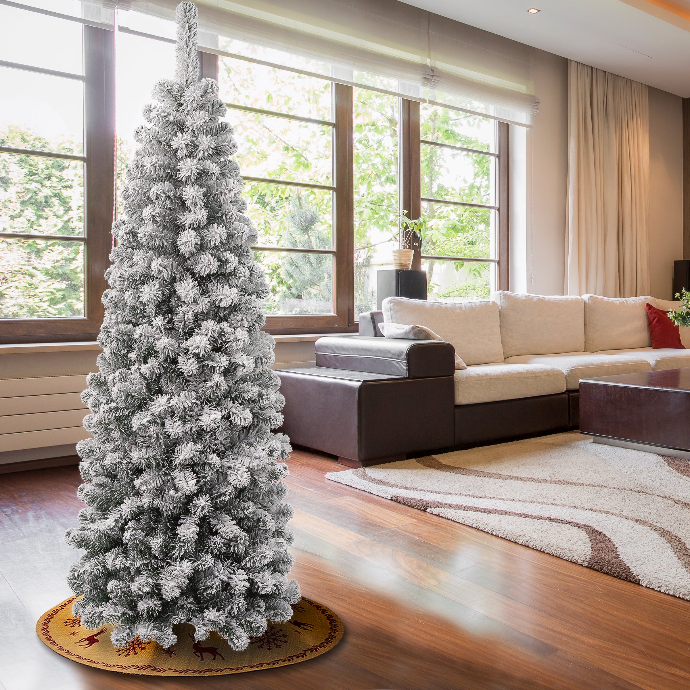 6 ft. Acacia Pencil Slim Flocked Christmas Tree - Perfect for Small Spaces, Apartments & Office Decor | Holiday Home Decoration
