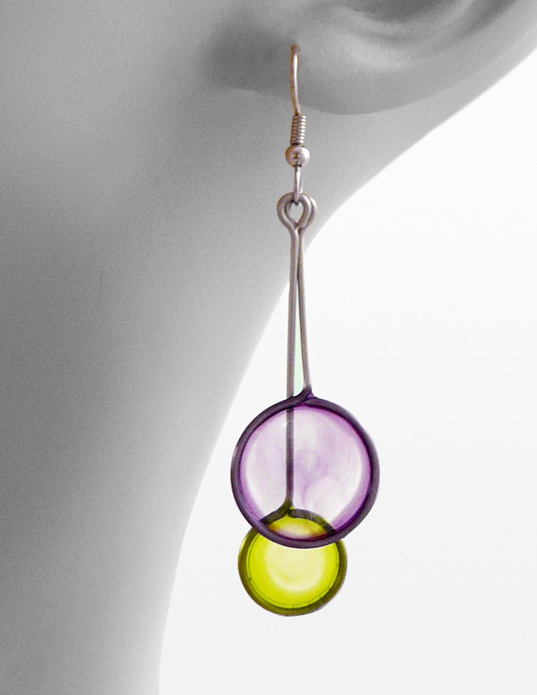 Kinetic Sculpture Inspired Stainless Steel Art Earrings | Purple Green Eclipse Design | Perfect for Evening Events & Artistic Fashion