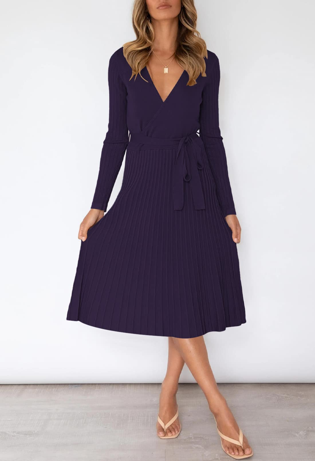 Pink Queen Women's Wrap Sweater Dress - V Neck Long Sleeve Ribbed Knit Midi Dress with Belt | Casual Office Wear, Fall Winter Outfits, Date Night Dresses