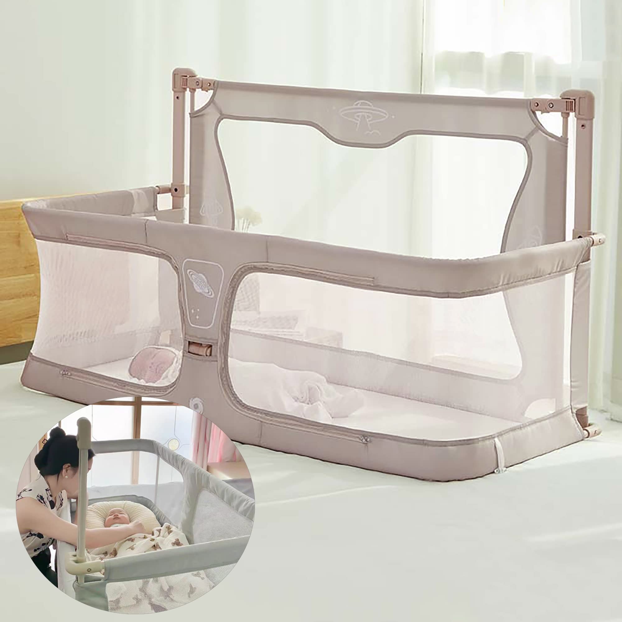 3-in-1 Baby Bedside Sleeper Crib | Breathable Bassinet with Mesh Windows | 120x50cm Co-Sleeping Crib for Newborns & Infants | Perfect for Safe Nighttime Feeding & Parent-Baby Bonding
