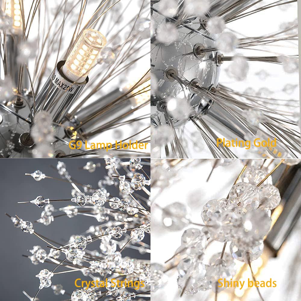Modern Firework Chrome Crystal Chandelier - 12-Light Sputnik Dandelion Pendant Lighting Fixture for Dining Room, Living Room, Bedroom, Kitchen & Restaurant | Elegant Ceiling Decor for Home, Hotel and Commercial Spaces
