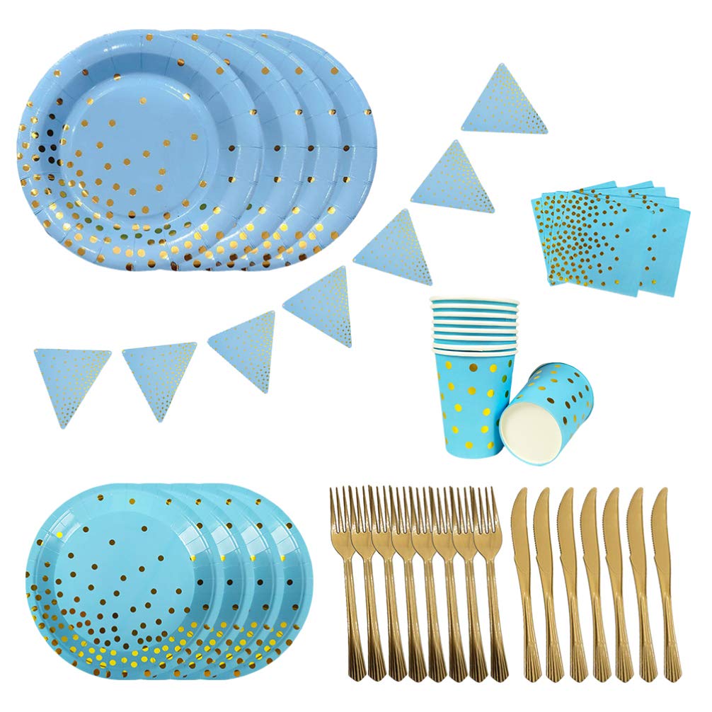 145-Piece Disposable Dinnerware Set - Polka Dot Paper Plates, Forks, Spoons, Napkins & Cups with Triangle Flags | Perfect for Baby Showers, Birthday Parties, Bridal Showers & Christmas Celebrations | Eco-Friendly Party Supplies for Hassle-Free Cleanup