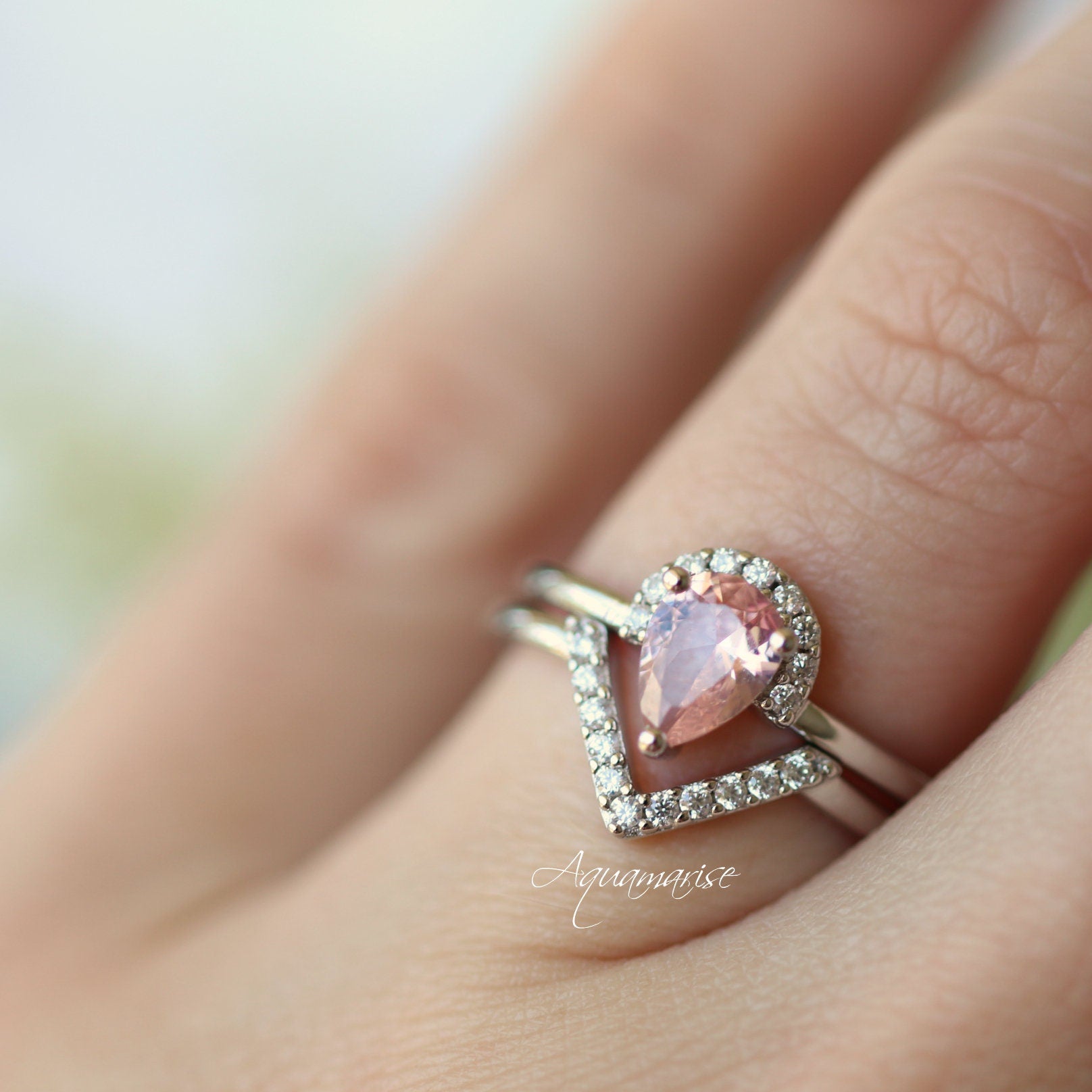 Aria Morganite Ring Set in Sterling Silver - Elegant Rose Gold Plated Wedding Band for Women, Perfect for Engagement, Anniversary & Valentine's Day Gifts