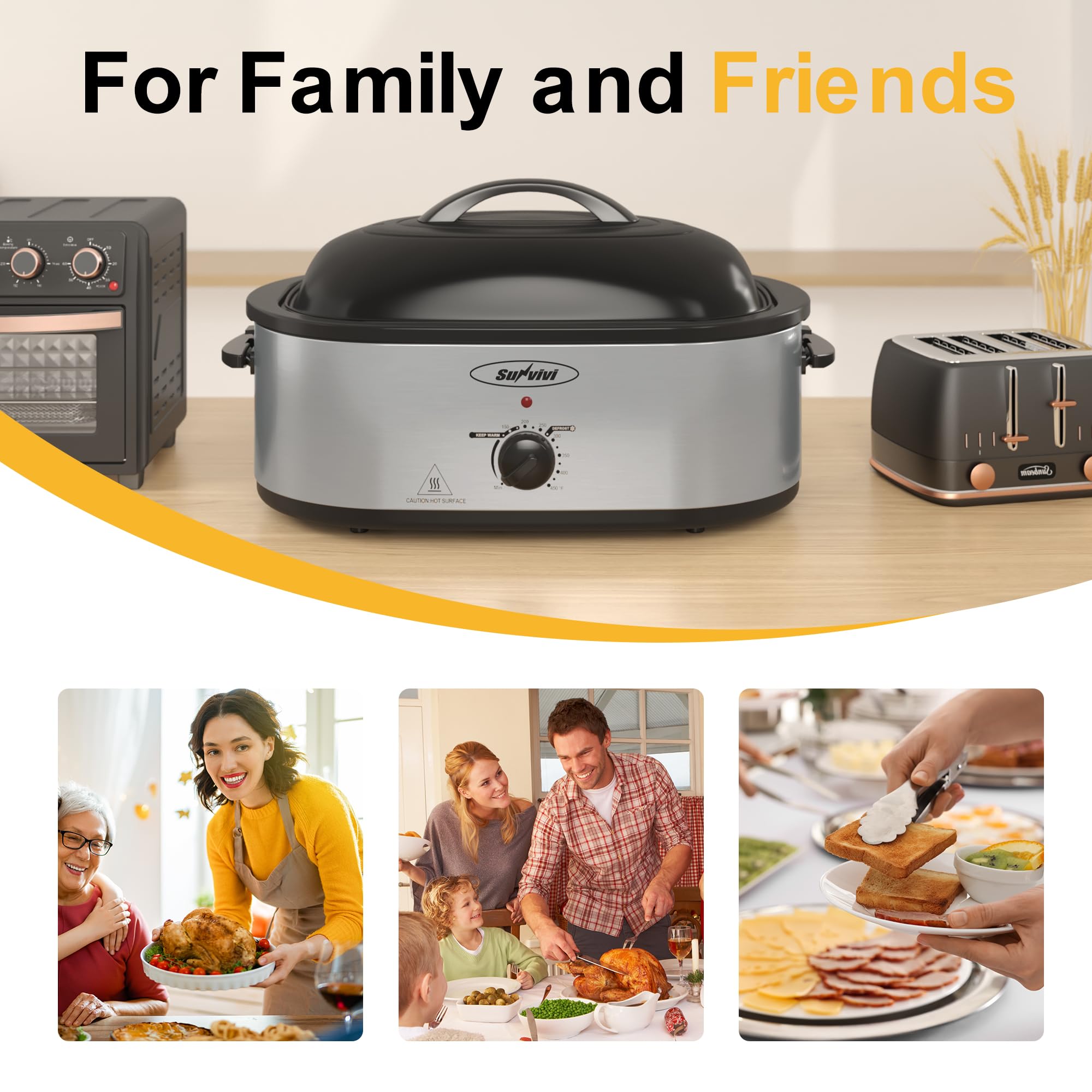 Sunvivi 24lb 20-Quart Electric Roaster Oven with Self-Basting Lid, Defrost/Warm Function & Removable Pan - Stainless Steel Turkey Roaster for Thanksgiving, Holiday Cooking & Large Family Gatherings