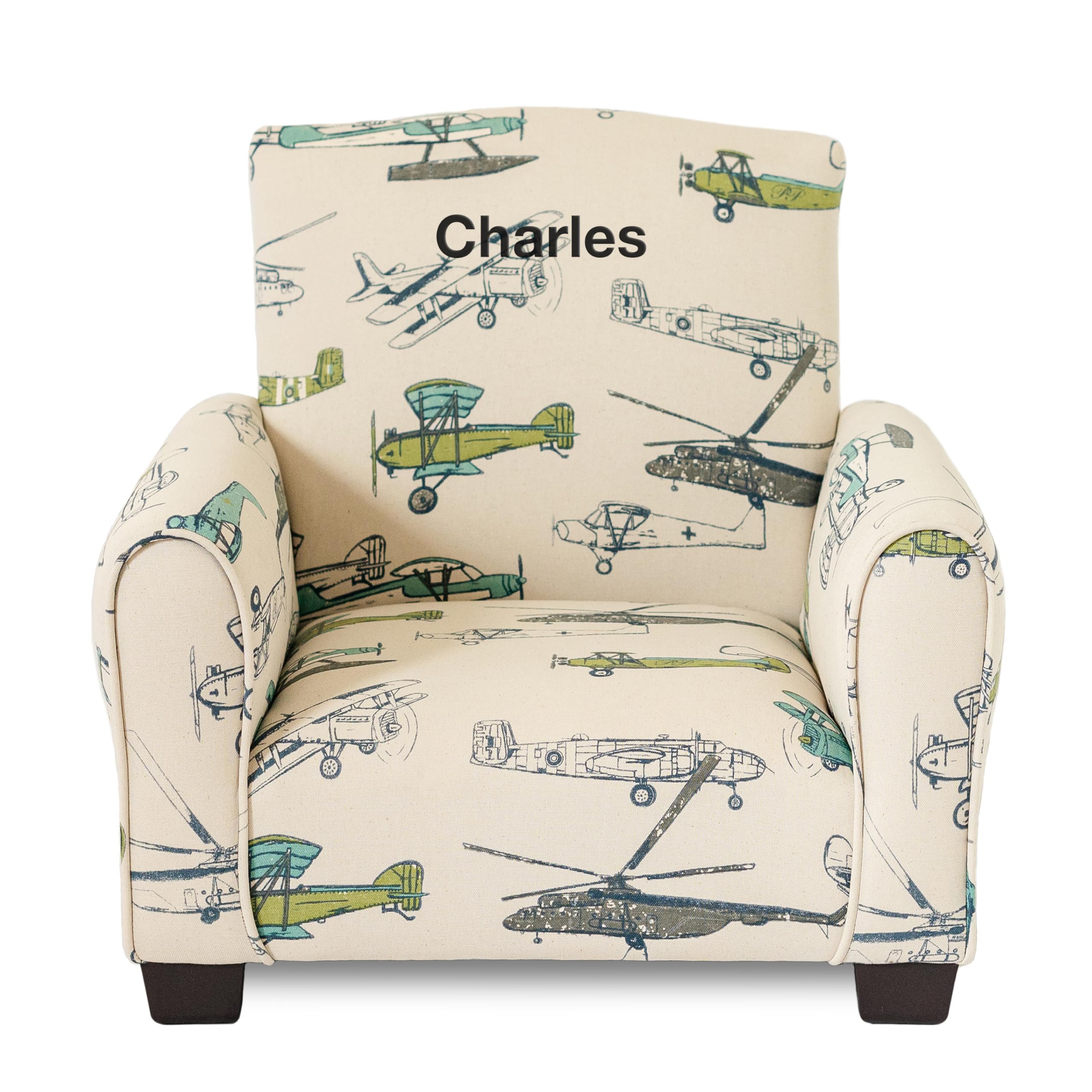 Personalized Kids Rocking Chair with Name - Airplane Print Upholstered Toddler Armchair, Comfortable & Custom Children's Furniture for Nursery, Bedroom or Playroom