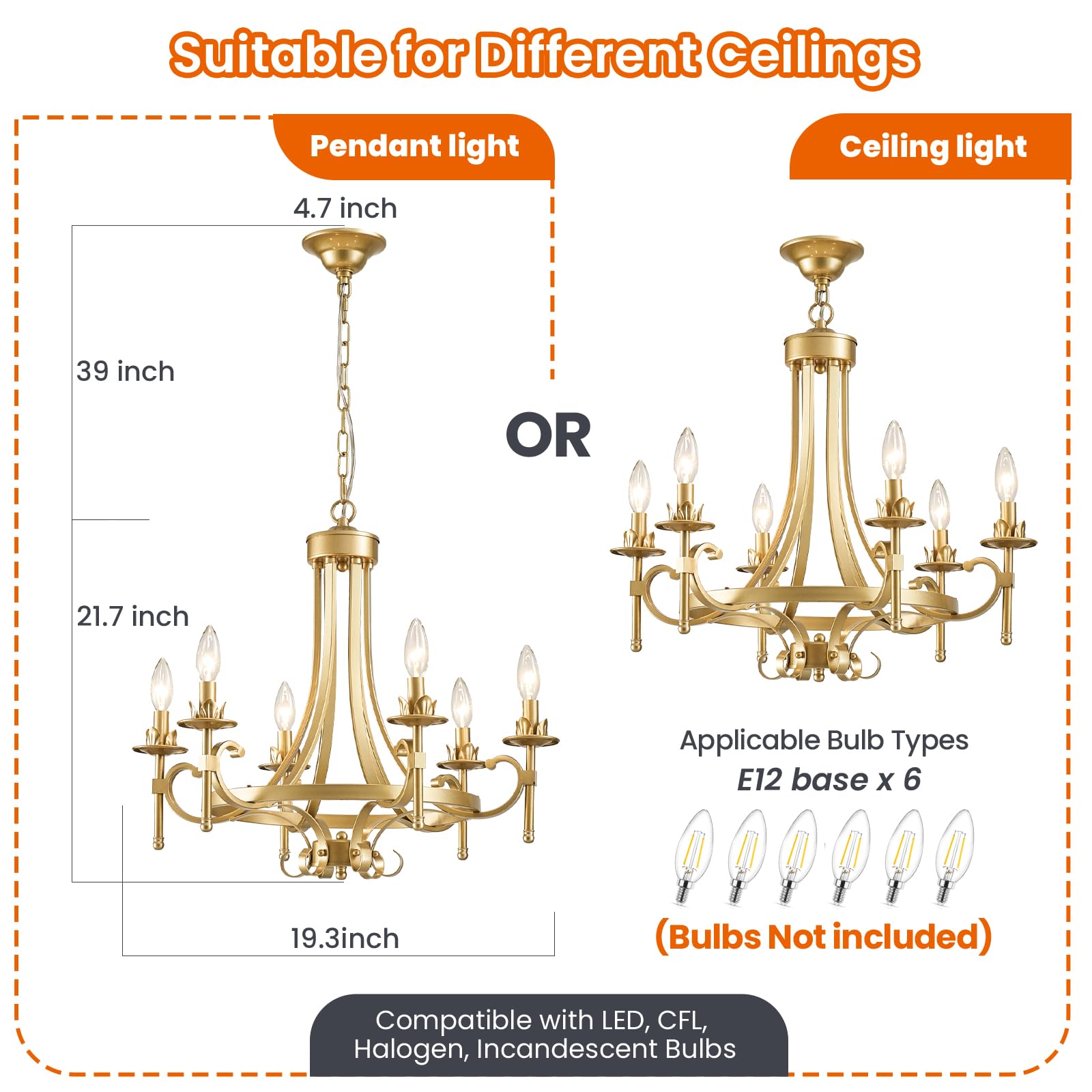 6-Light Modern Gold Farmhouse Chandelier - Rustic Iron Metal Pendant Lighting Fixture for Dining Room, Bedroom, Living Room, Kitchen & Foyer | Elegant Ceiling Light for Home Decor, Wedding & Restaurant Ambiance