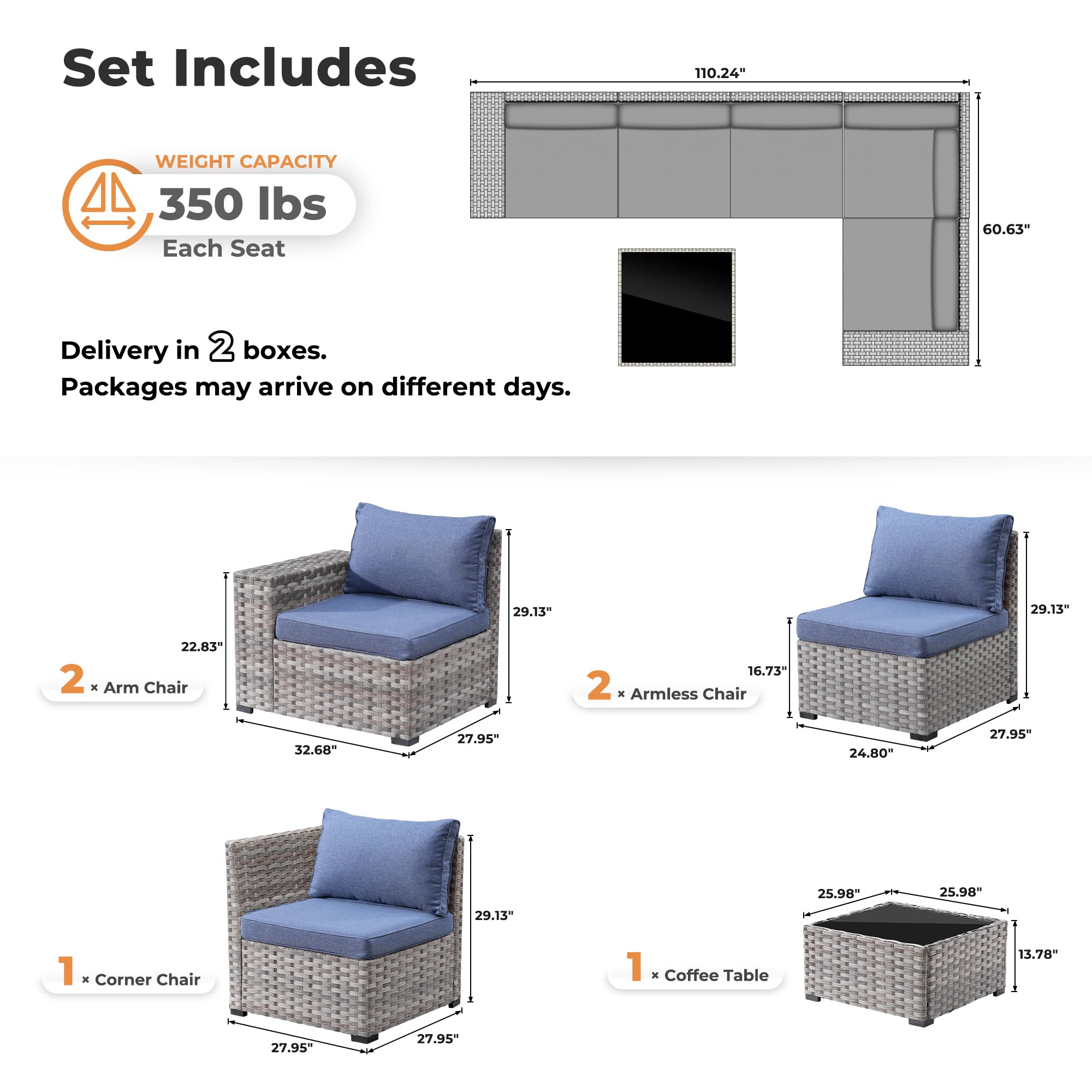 6-Piece Outdoor Patio Furniture Set - Modern Modular Wicker Rattan Sectional Sofa with Deep Seats & Comfy Cushions in Denim Blue - Perfect for Backyard, Garden, Poolside & Deck Relaxation