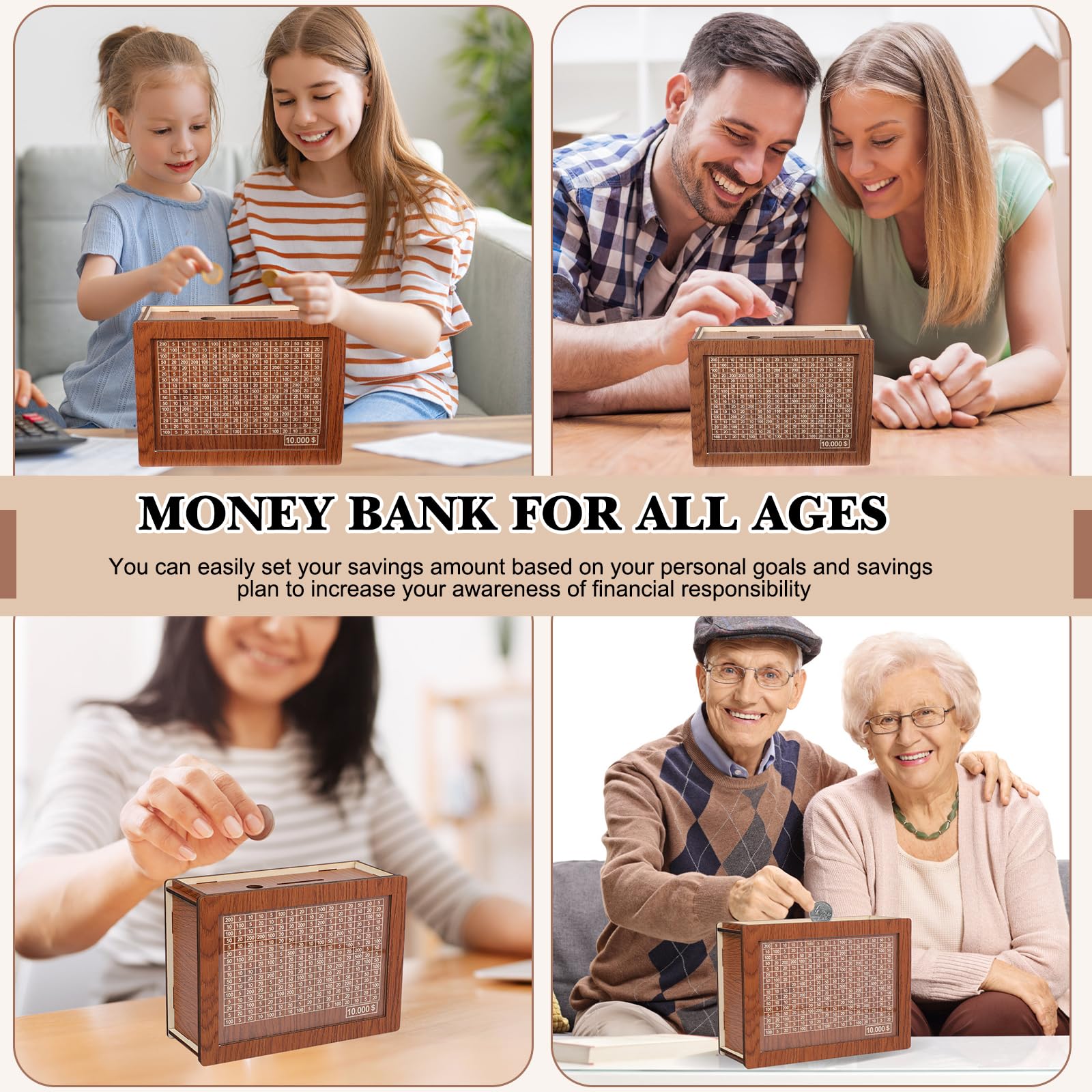 Wooden Money Saving Box with Counter & Marker - Portable Cash Saver for Savings Challenges (10,000 USD Goal) - Perfect for Budgeting, Piggy Bank Alternative & Financial Goal Tracking