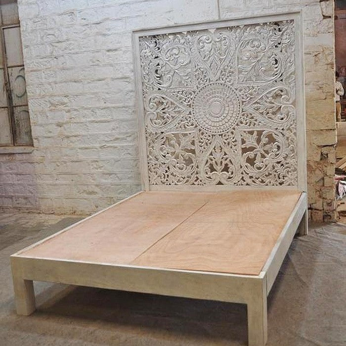 Hand Carved Solid Wood Indian Kerri Bed Frame in White - Elegant & Durable Bedroom Furniture for Master Suite or Guest Room