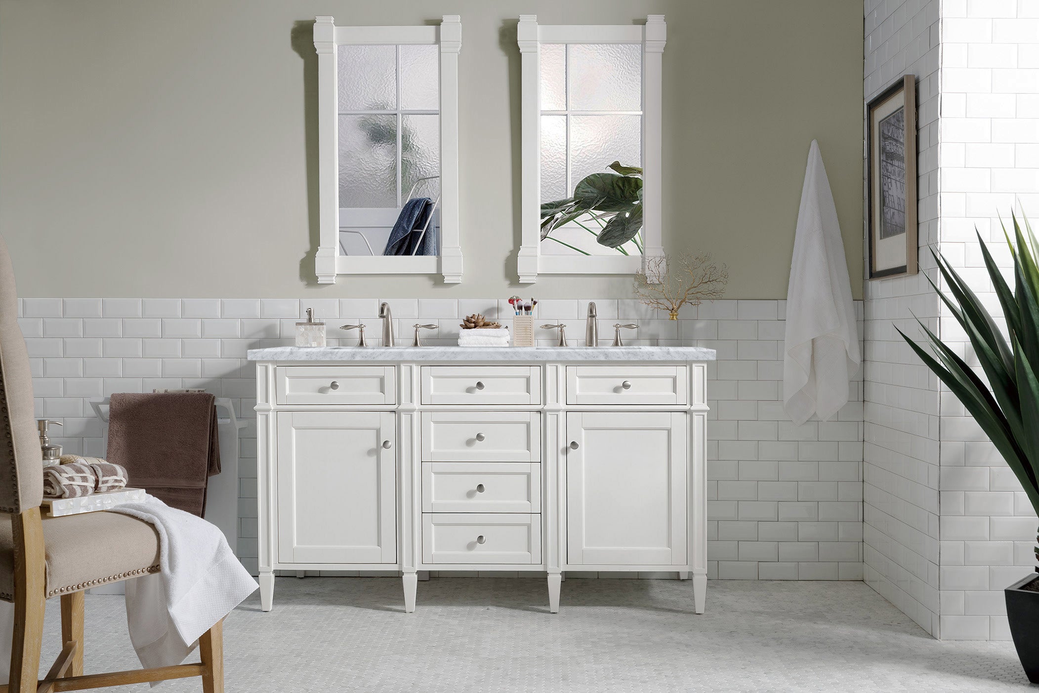 Brittany 60 Inch Bright White Double Vanity with 3CM Carrara Marble Top - Modern Bathroom Vanity with Marble Countertop for Master Bath & Guest Bath Remodel
