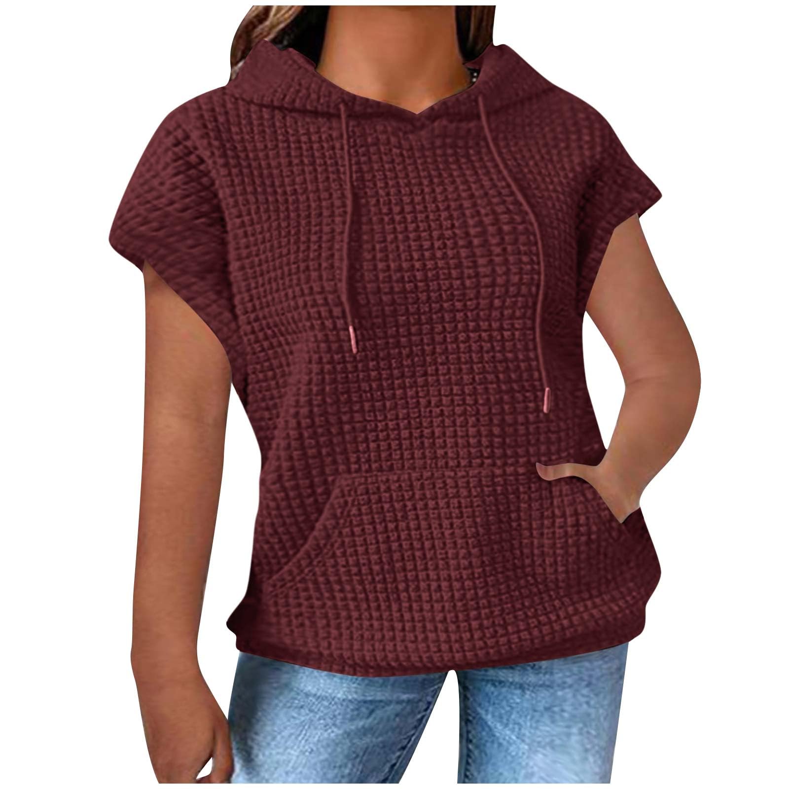 2024 Women's Spring Hoodies - Short Sleeve Lightweight Waffle Knit Sweatshirts with Kangaroo Pocket & Drawstring | Casual Loungewear, Streetwear Fashion | Perfect for Coffee Dates, Weekend Outings & Relaxing at Home (Wine Red, Medium)