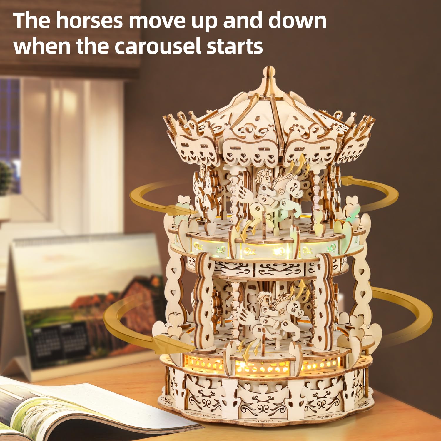 MIEBELY 3D Wooden Puzzle LED Carousel Music Box - DIY Craft Model Building Kit for Adults & Teens, Mechanical STEM Project, Christmas Gift for Kids Ages 8+, Desk Decor for Boys & Girls | Perfect for Home Decoration, Birthday Presents & Educational Activities
