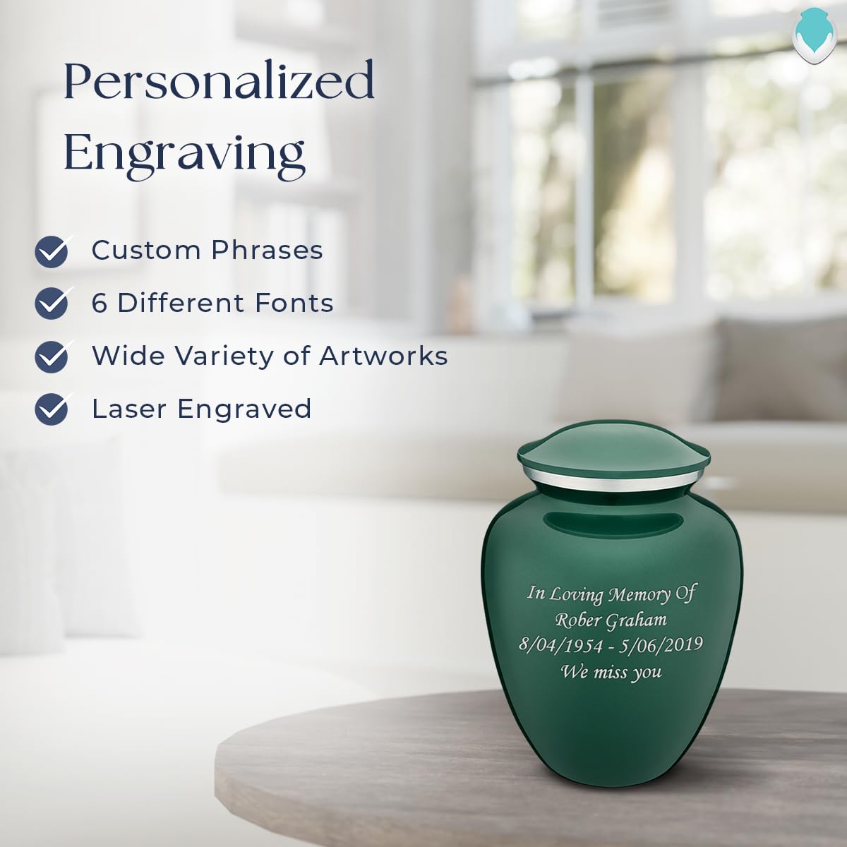 Personalized Cremation Urns for Human Ashes - Small Green Funeral Urn for Women & Men - Holds 44 lbs - Perfect for Memorial Services, Home Display & Eco-Friendly Burials