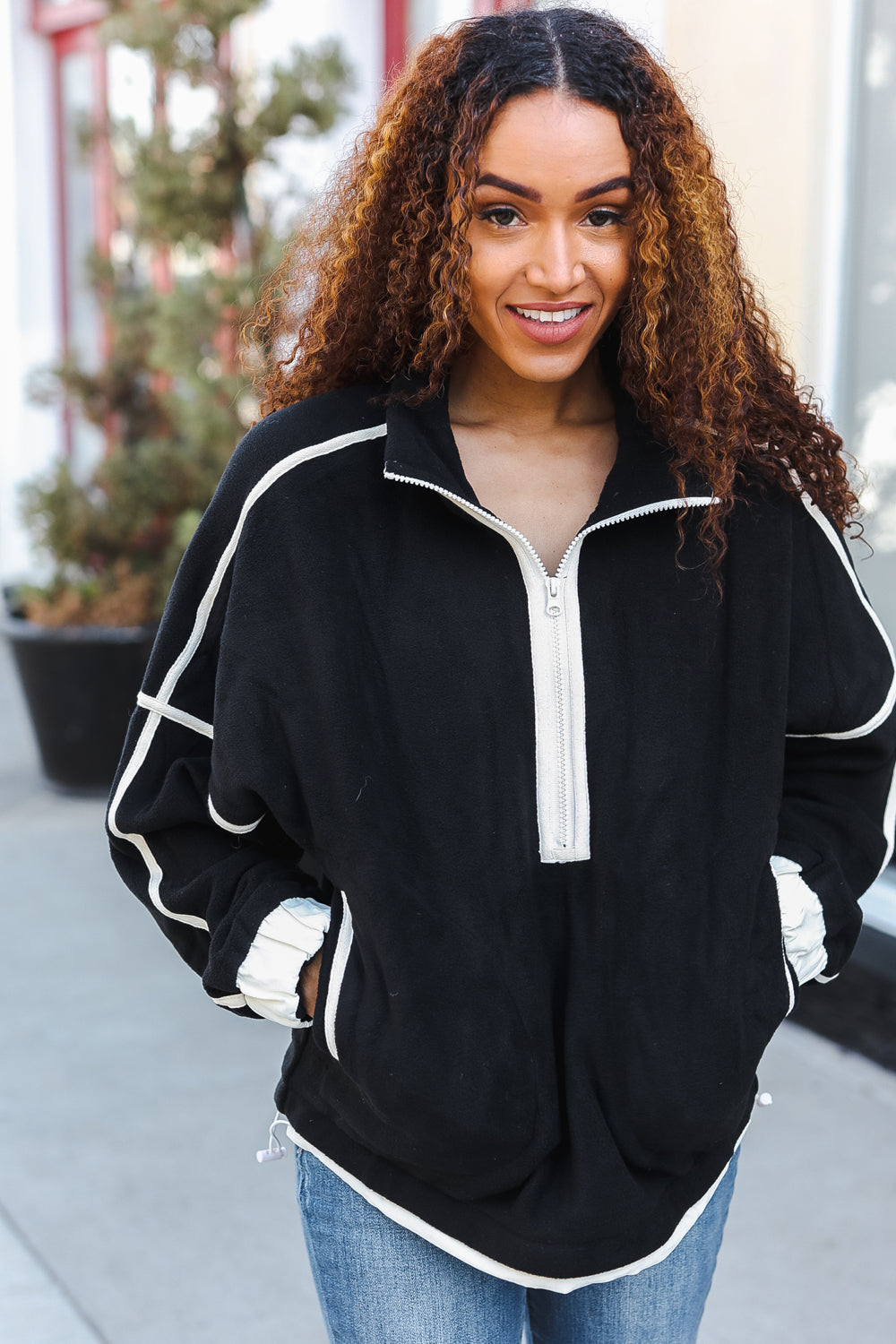 Stylish Black Cinched Waist Half Zip Fleece Jacket for Women | Cozy Winter Outerwear | Perfect for Casual Outings & Outdoor Activities