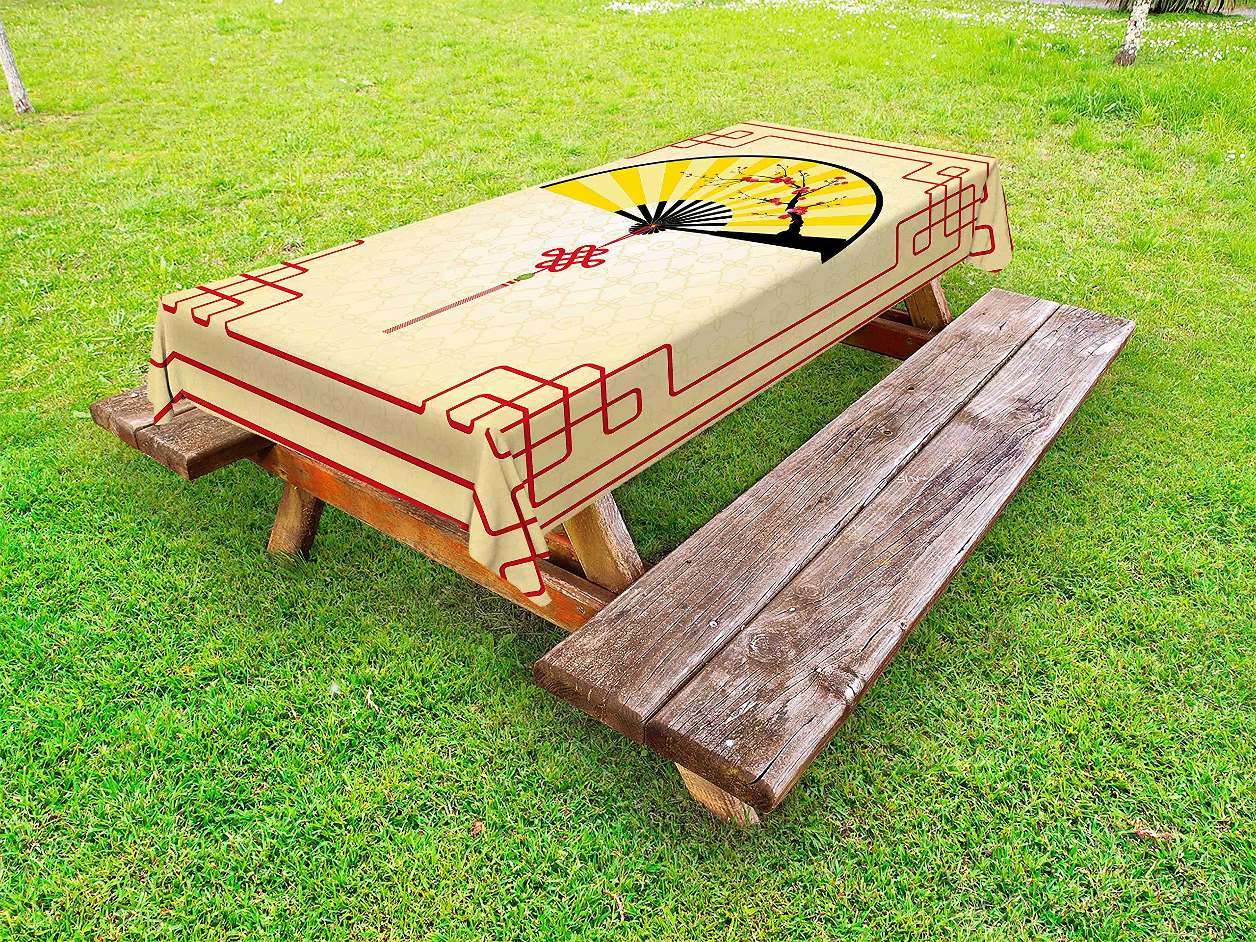 Ambesonne Japanese Cherry Blossom Hand Fan Design Washable Outdoor Picnic Tablecloth - Traditional Asian Inspired Sand Brown Yellow Red Pattern - 58