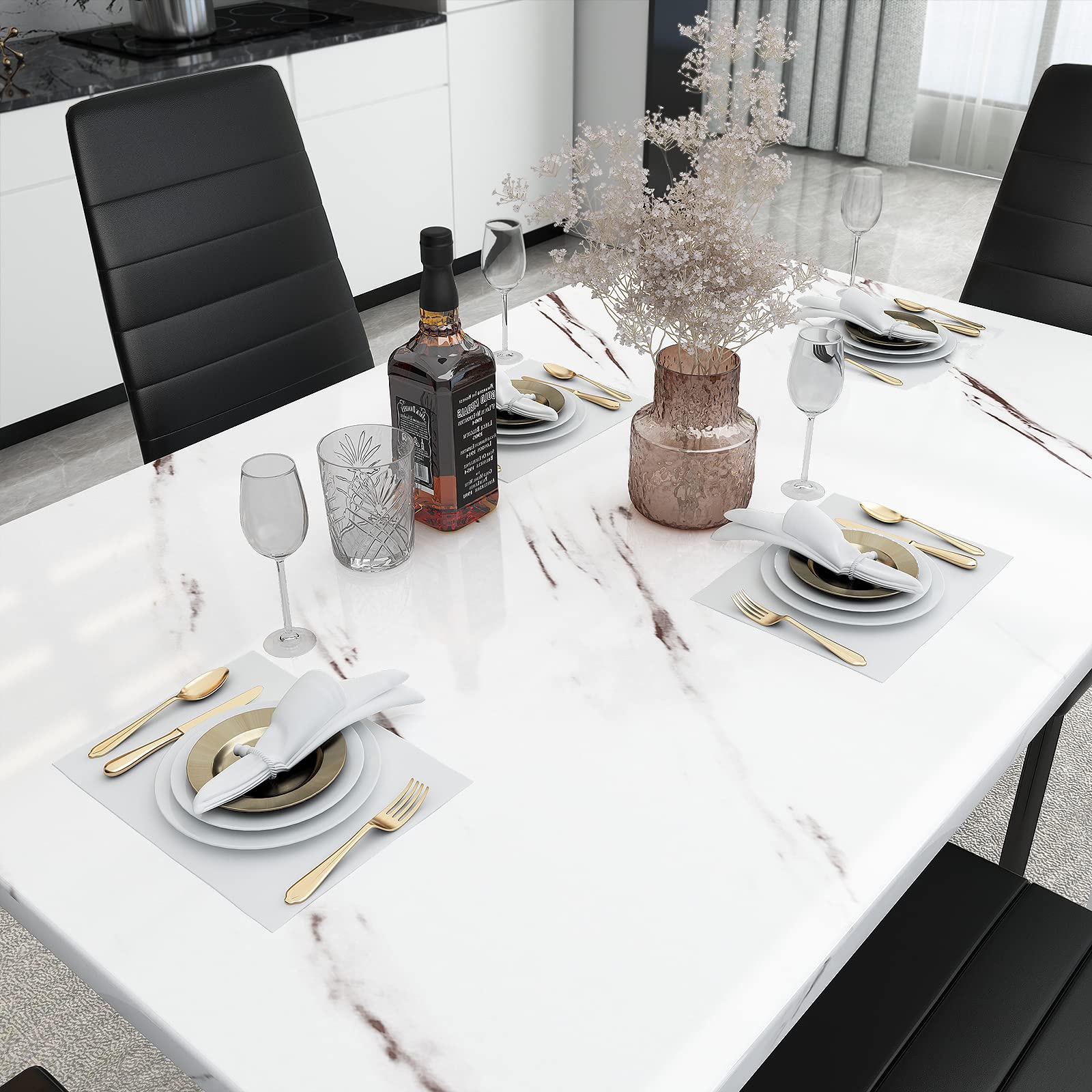 Modern 4-Piece Dining Table Set with Faux Marble Top & PU Leather Chairs - Kitchen & Dining Room Furniture for Small Spaces, Apartments, Family Dinners & Entertaining Guests