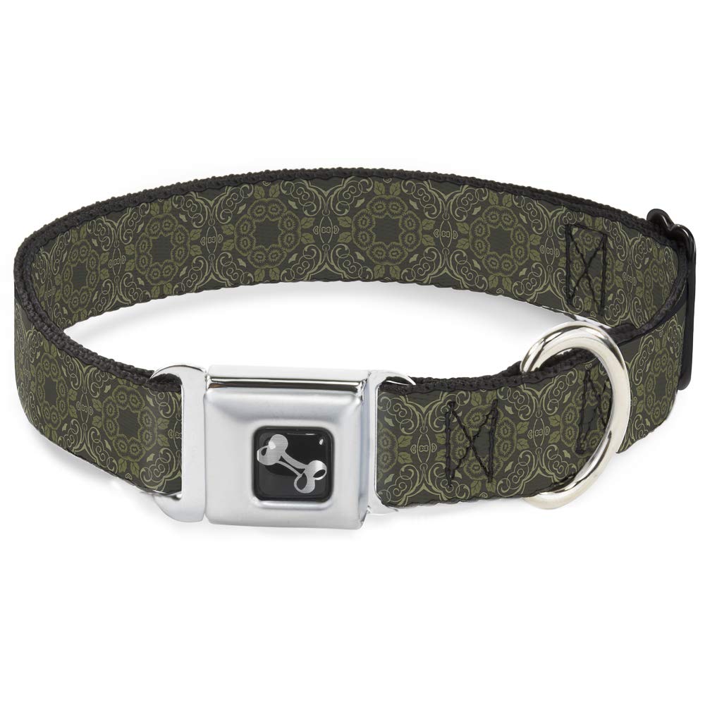 Premium Dog Collar with Seatbelt Buckle - Adjustable 16 to 23 Inches, 1.5 Inch Wide - Charcoal & Olive Tapestry Design - Safe Car Travel & Daily Walks for Medium to Large Dogs