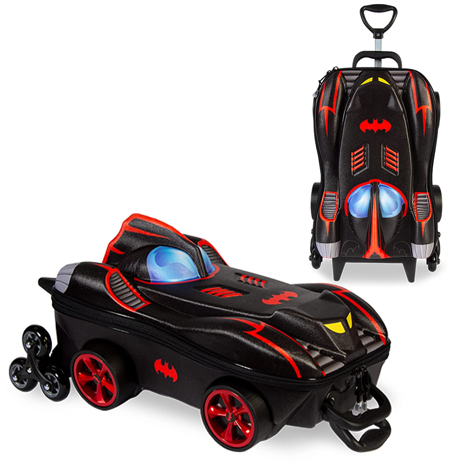 MaxToy Batmobile Kids Luggage with 6 Chrome Wheels - 3D Design Rolling Suitcase for Boys & Girls - Perfect for Air Travel, Road Trips & Sleepovers