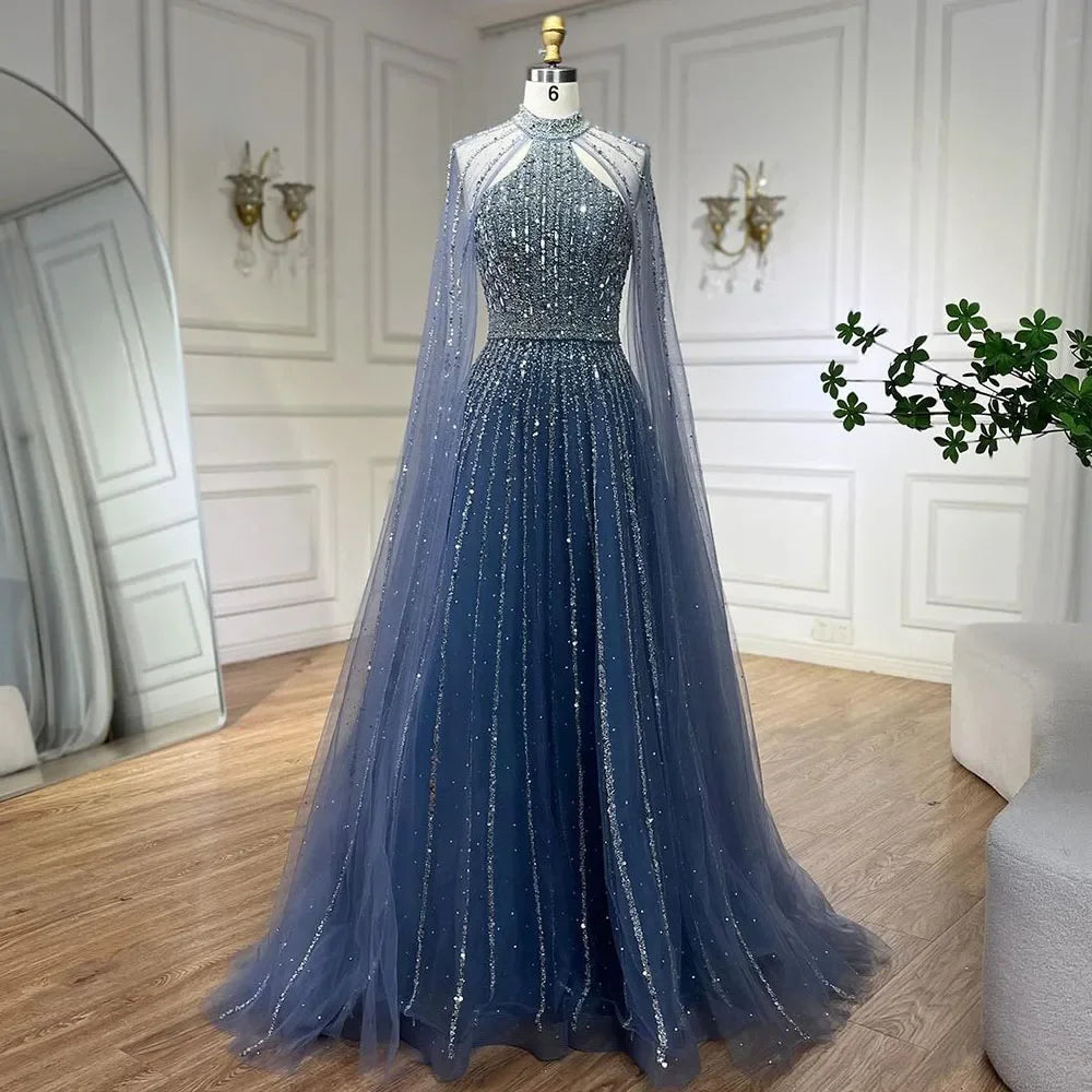 Elegant Arabic Turquoise A-Line Cape Sleeve Beaded Evening Gown for Women - Luxury Dubai Wedding Party Dress LA72306A | Perfect for Formal Events, Galas & Special Occasions