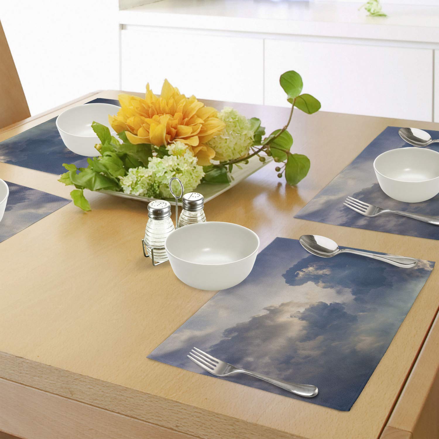 Ambesonne 4-Piece Clouds Place Mats Set - Majestic Rain Storm Sky Scenery, Washable Fabric Table Mats for Dining Room & Kitchen Decor in Blue & White | Perfect for Home, Office, and Outdoor Picnics