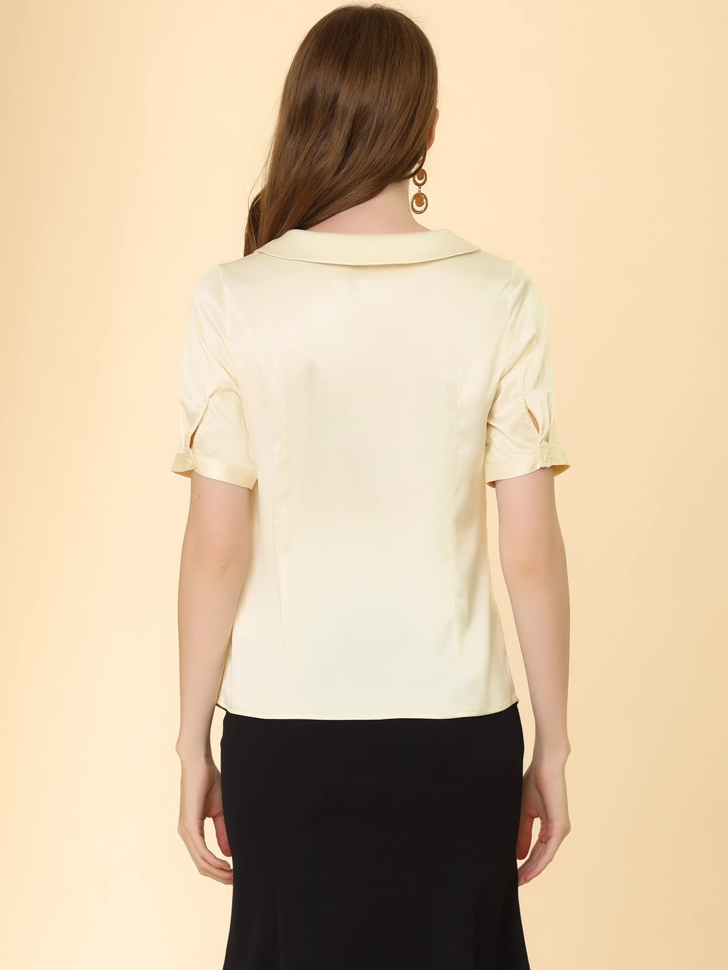 Allegra K Women's Satin Office Blouse - 2024 Turndown Collar Button Down Shirt with Short Sleeves for Business Casual & Professional Workwear | Perfect for Office, Meetings, and Corporate Events
