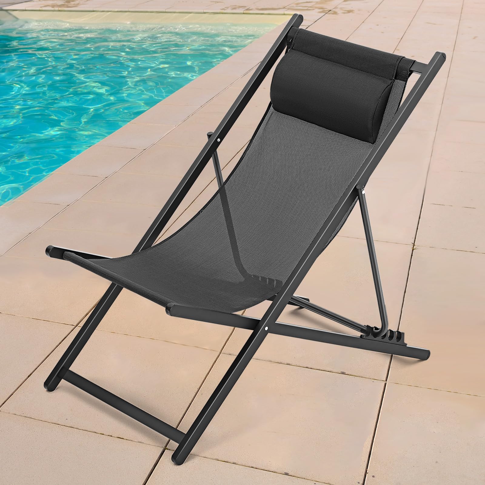 2 Pack Foldable Outdoor Lounge Chairs with Headrest - Adjustable 5-Level Height Aluminum Reclining Sling Chairs for Patio, Beach, Pool, Camping, Garden & Yard - Portable & Lightweight (Black) | Perfect for Relaxing, Sunbathing & Outdoor Lounging