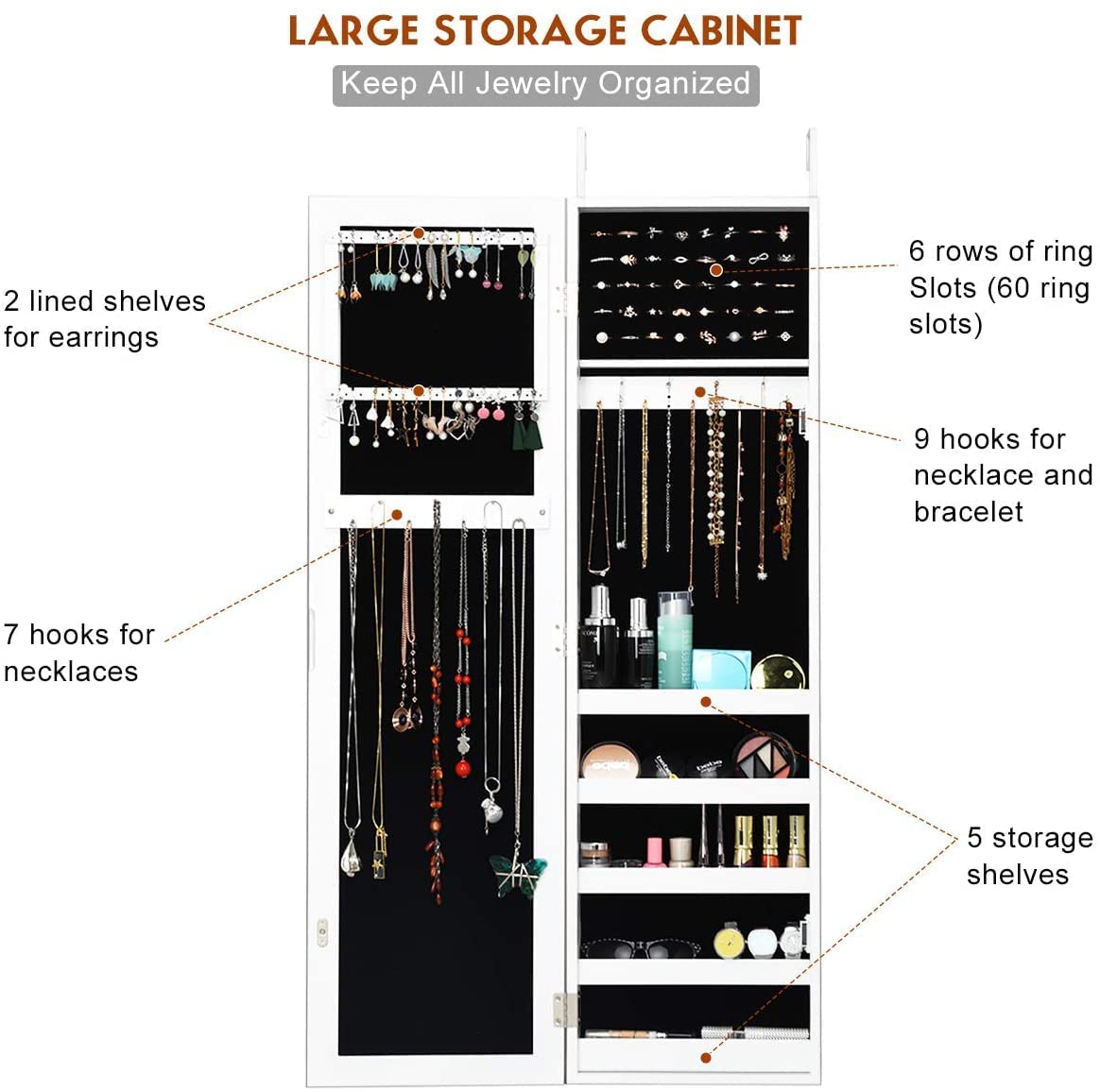 Mirrored Jewelry Cabinet with 5 Shelves, 16 Necklace Hooks & 60 Ring Slots - Wall Mounted Jewelry Armoire Organizer with Full-Length Mirror, White - Perfect for Bedroom, Closet & Dressing Room Storage