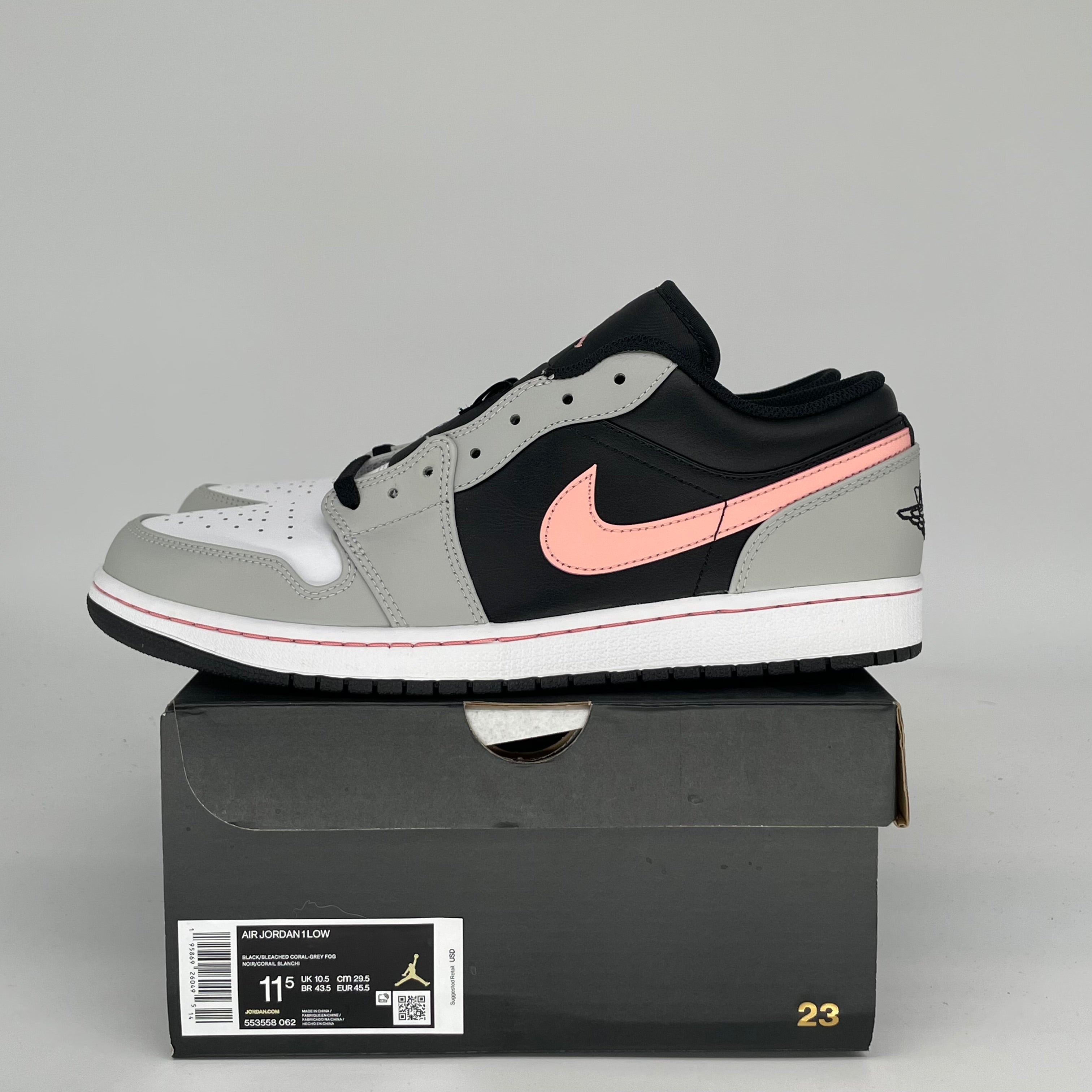 AIR JORDAN 1 LOW Sneakers - Black/Grey/Pink - Men's Size 11.5 (Style: 553558-062) | Basketball Shoes, Casual Wear & Street Style Fashion