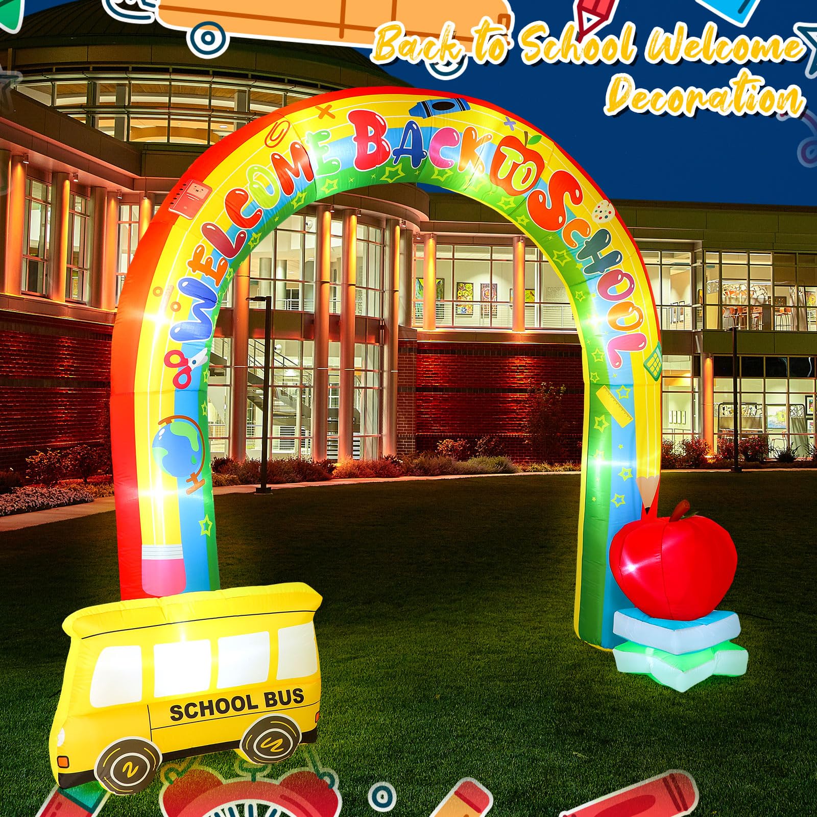 Shappy 9ft Inflatable Welcome Back to School Arch with Built-in LED Lights - Rainbow & School Bus Design for Outdoor Yard Decorations | Perfect for First Day of School Parties, Classroom Celebrations & Backyard Decor