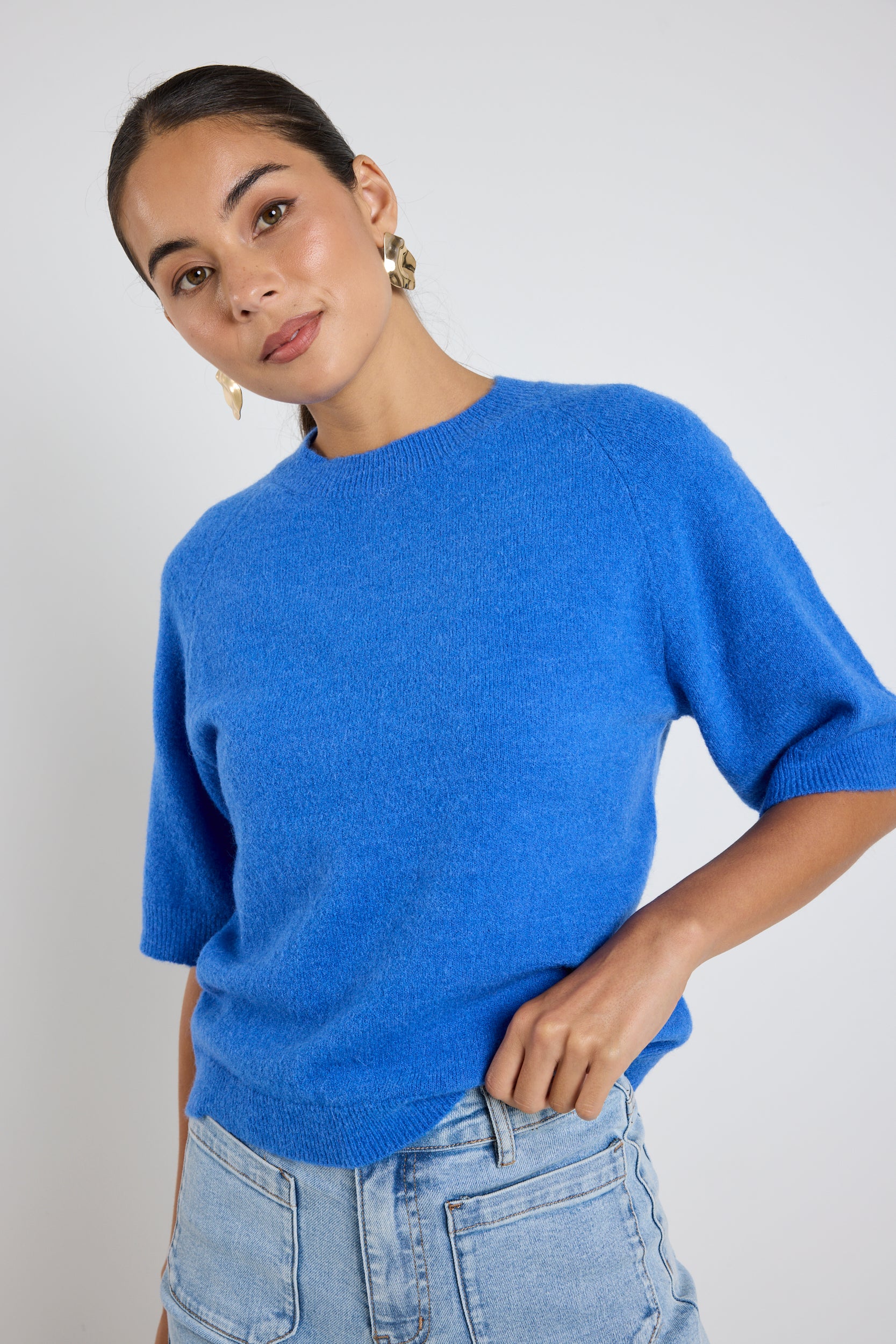 Assembled Azure Blue Alpaca Blend Raglan Knit Tee - Soft & Comfortable Women's Casual Top for Everyday Wear