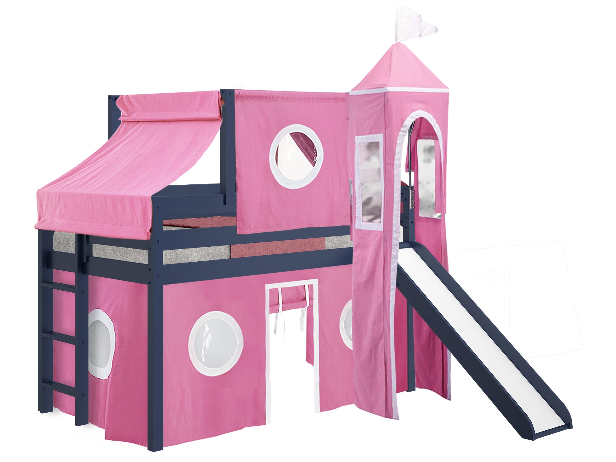 Princess Twin Low Loft Bed with Slide & Pink White Tent - Blue Wooden Bunk Bed for Kids Room, Girls Bedroom Furniture with Play Area for Sleepovers and Playtime