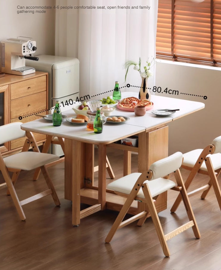 Solid Oak Wood Modern Rock Slab Folding Dining Table - Extendable Space-Saving Design for Small Apartments, Kitchens & Outdoor Dining