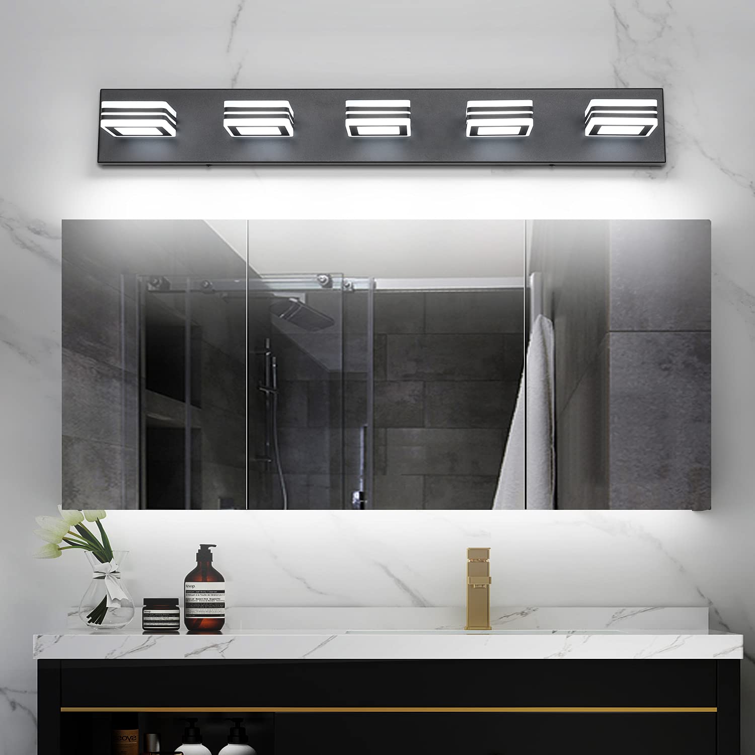 SOLFART Black LED Bathroom Vanity Light Fixtures - 5-Light Modern Mirror Lighting for Bathroom, Dressing Room & Makeup Area - Energy Efficient Waterproof Vanity Lights for Home Decor