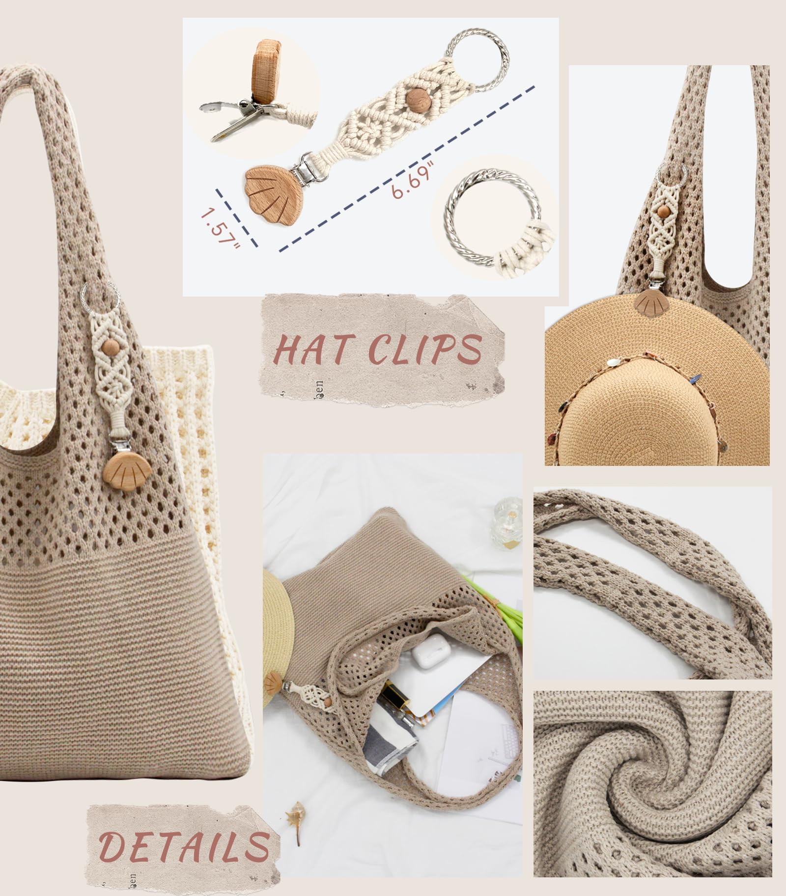 Crochet Tote Bag with Macrame Hat Clip - Handmade Summer Beach Bag for Women, Cute Aesthetic Knit Shoulder Bag - Perfect for Travel, Picnics & Boho Fashion Accessories
