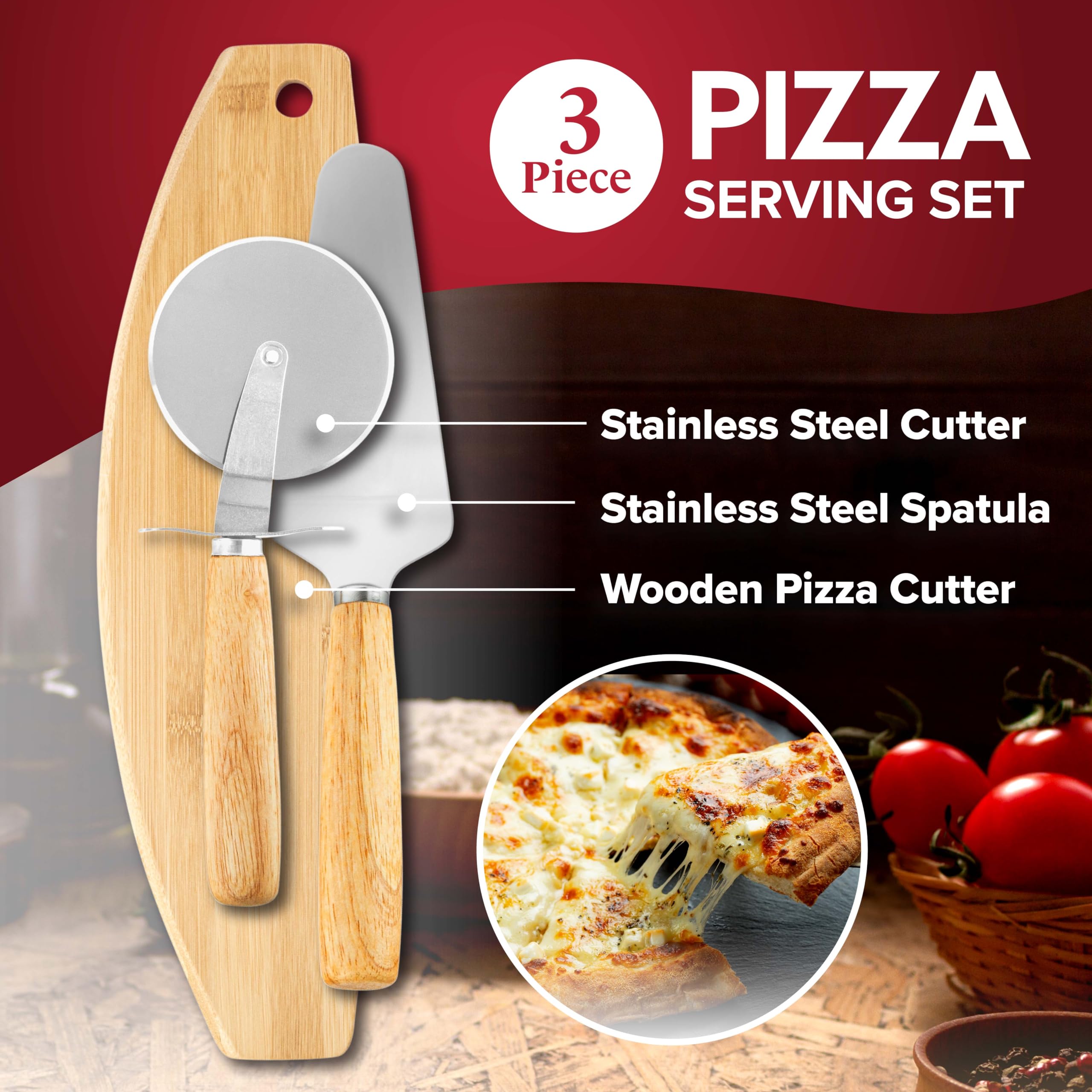 Granitestone Piezano Pizza Oven 3-Piece Accessories Kit - Includes Pizza Cutter Wheel, Serving Spatula & Wooden Pizza Peel - Perfect for Outdoor Pizza Making, Backyard BBQs & Italian Cooking