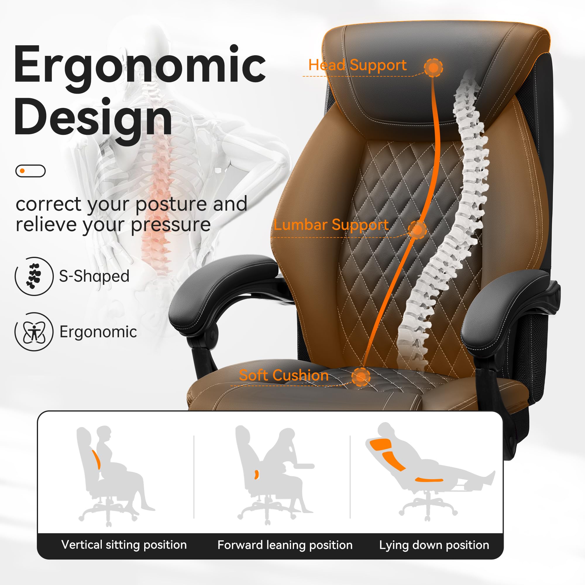 Premium Executive Leather Office Chair - Adjustable High Back Ergonomic Computer Desk Chair with Lumbar Support & Footrest - Big and Tall Comfortable Reclining Chair for Home Office, Conference Room & Gaming Setup
