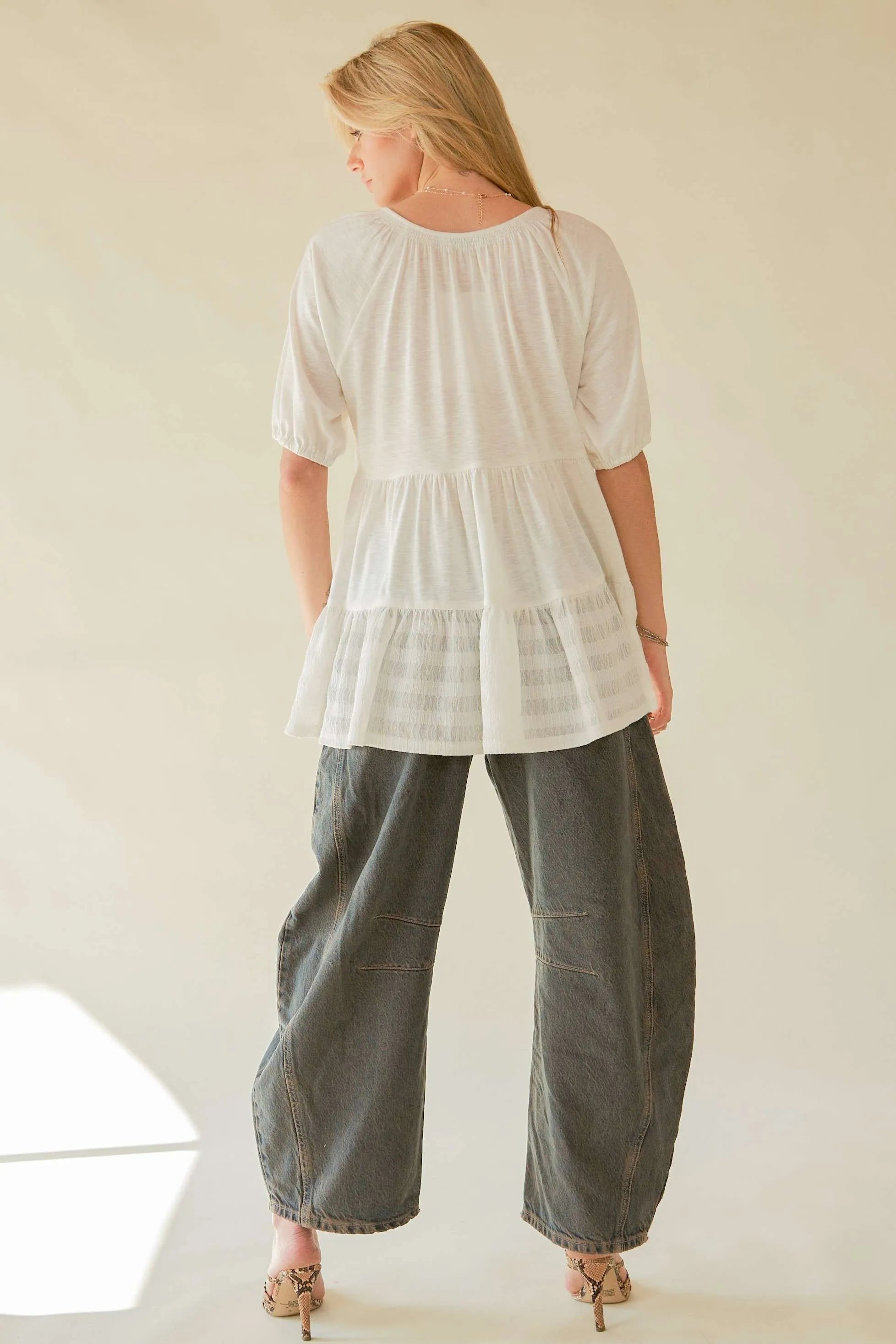 Boho White Ruffled Flare V-Neck Blouse for Women - Beachy Summer Top for Vacation, Date Night & Casual Outings