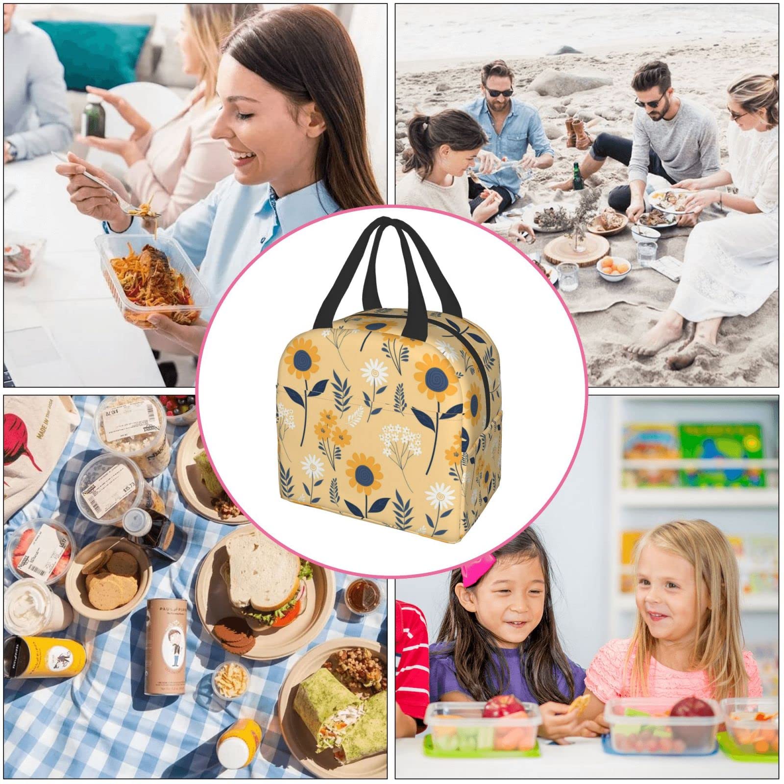 Floral Sunflower Insulated Lunch Bag - Reusable & Leak-Proof Portable Lunch Box for Men & Women - Perfect for Work, School, Travel, Picnic & Outdoor Activities