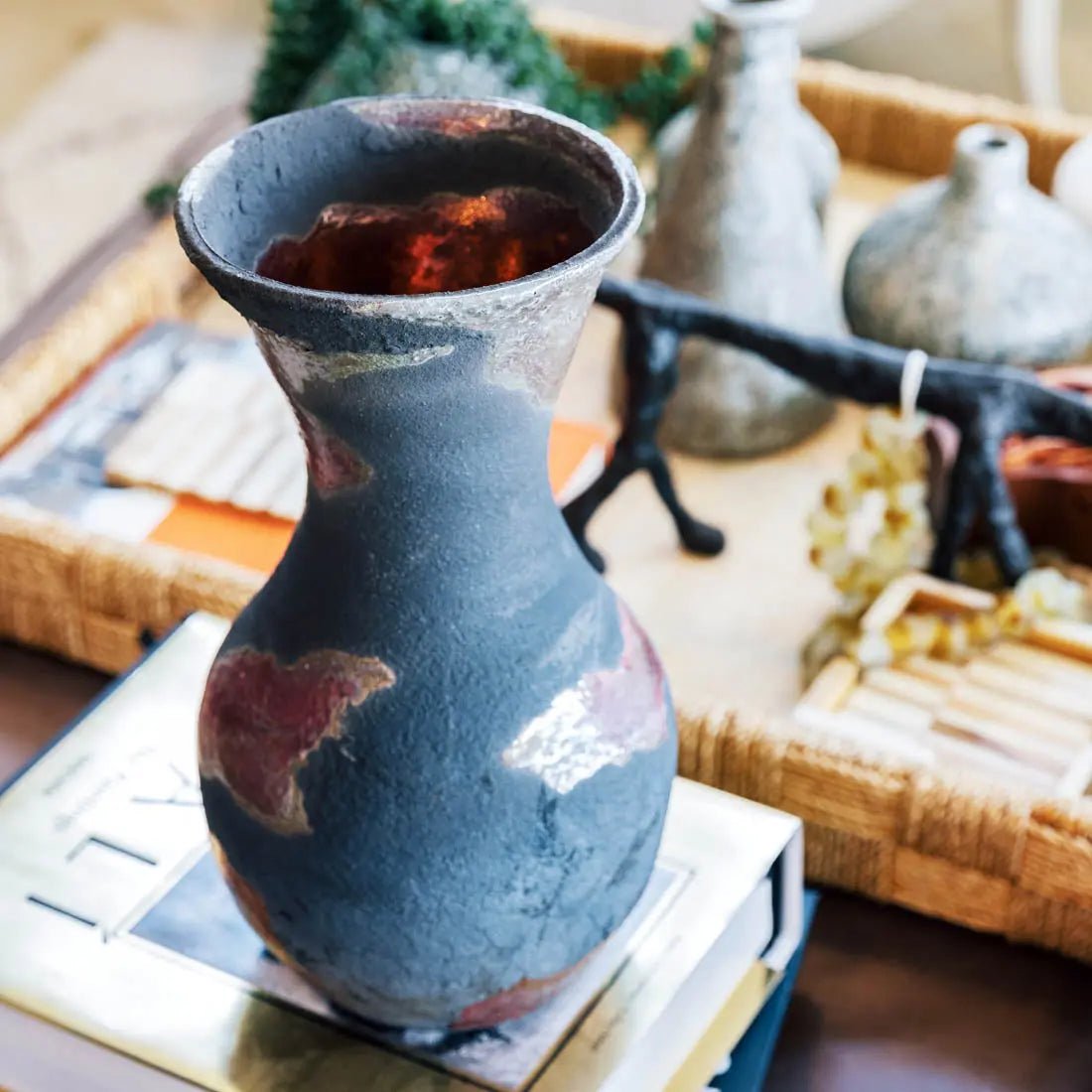 35 XL Raku Decorative Boiled Pot/Vase - Handcrafted Copper & Charcoal Finish - Creative Collection for Home Decor, Zen Garden & Modern Interior Design