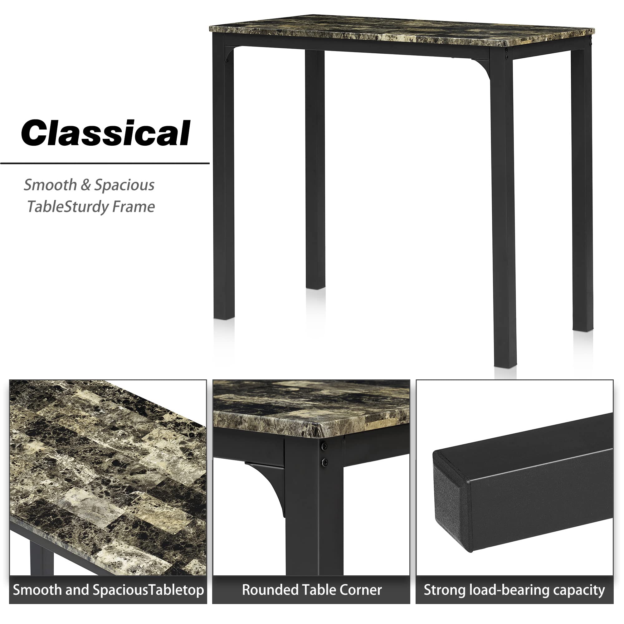 VECELO 3-Piece Retro Black Bar Table Stools Set - Rectangular Kitchen Height Pub Table with Stools for Dining, Living Room, Party & Bistro - Perfect for Small Spaces, Breakfast Nook & Entertaining Guests