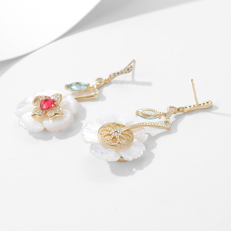 Cubic Zirconia Shell Flower Dangle Earrings for Women - Elegant Wedding & Prom Jewelry LYHR02523 | Perfect for Bridal, Formal Events & Special Occasions