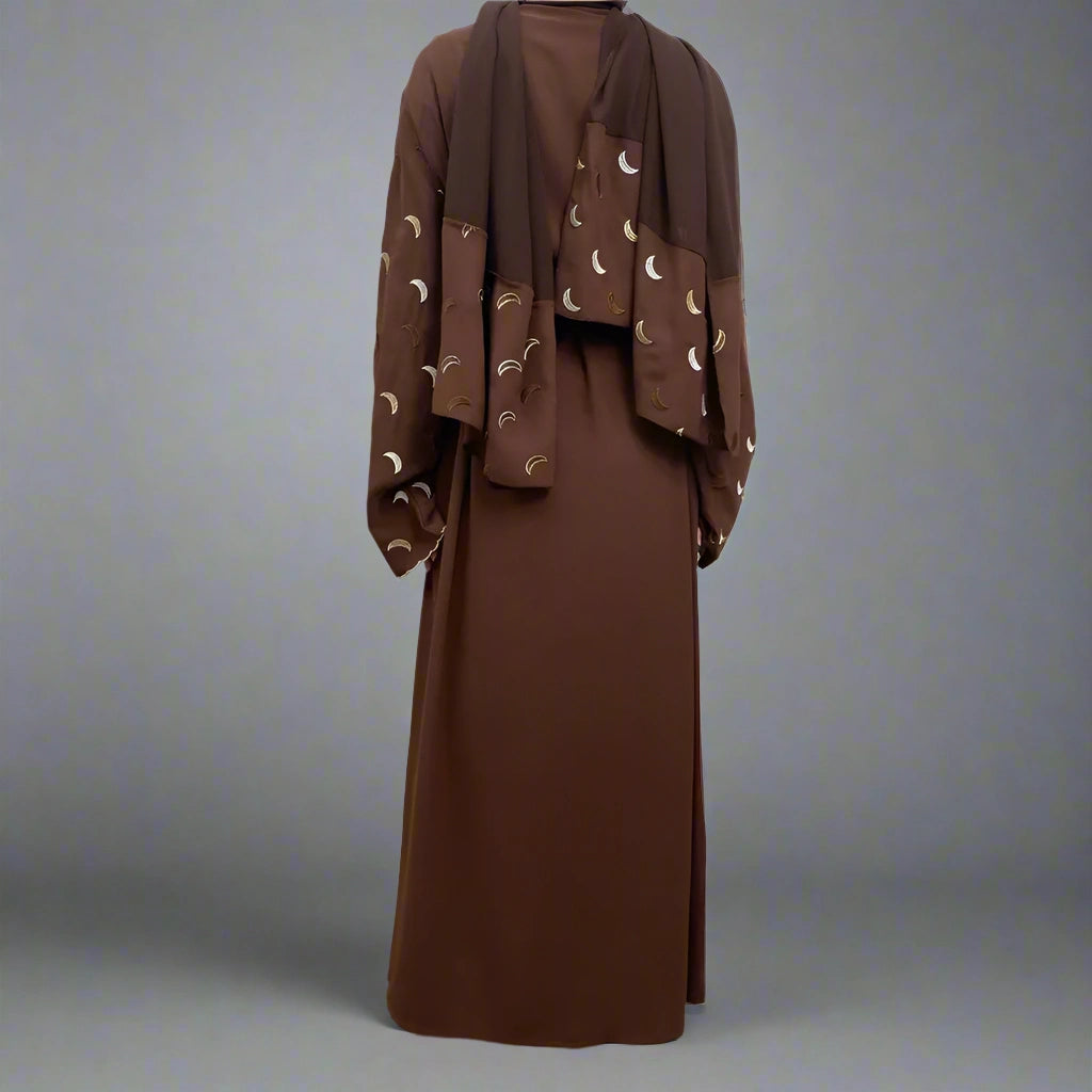 Elegant Muslim Women's Moon Embroidery Open Abaya Dress with Pockets - Modest Islamic Prayer Dress for Mosque, Eid & Special Occasions