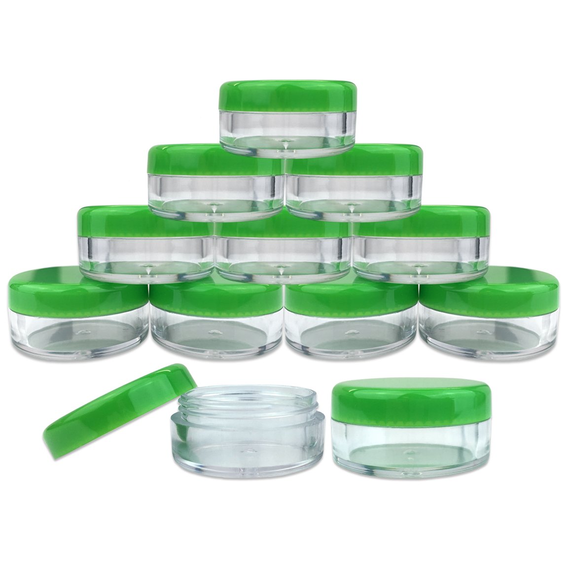 200-Pack 5ml Clear Round Plastic Jars with Green Lids - Perfect for DIY Beauty Products, Skincare Samples, Lip Balms, Creams & Lotions - Ideal for Salves, Toners, Essential Oils & Makeup Storage