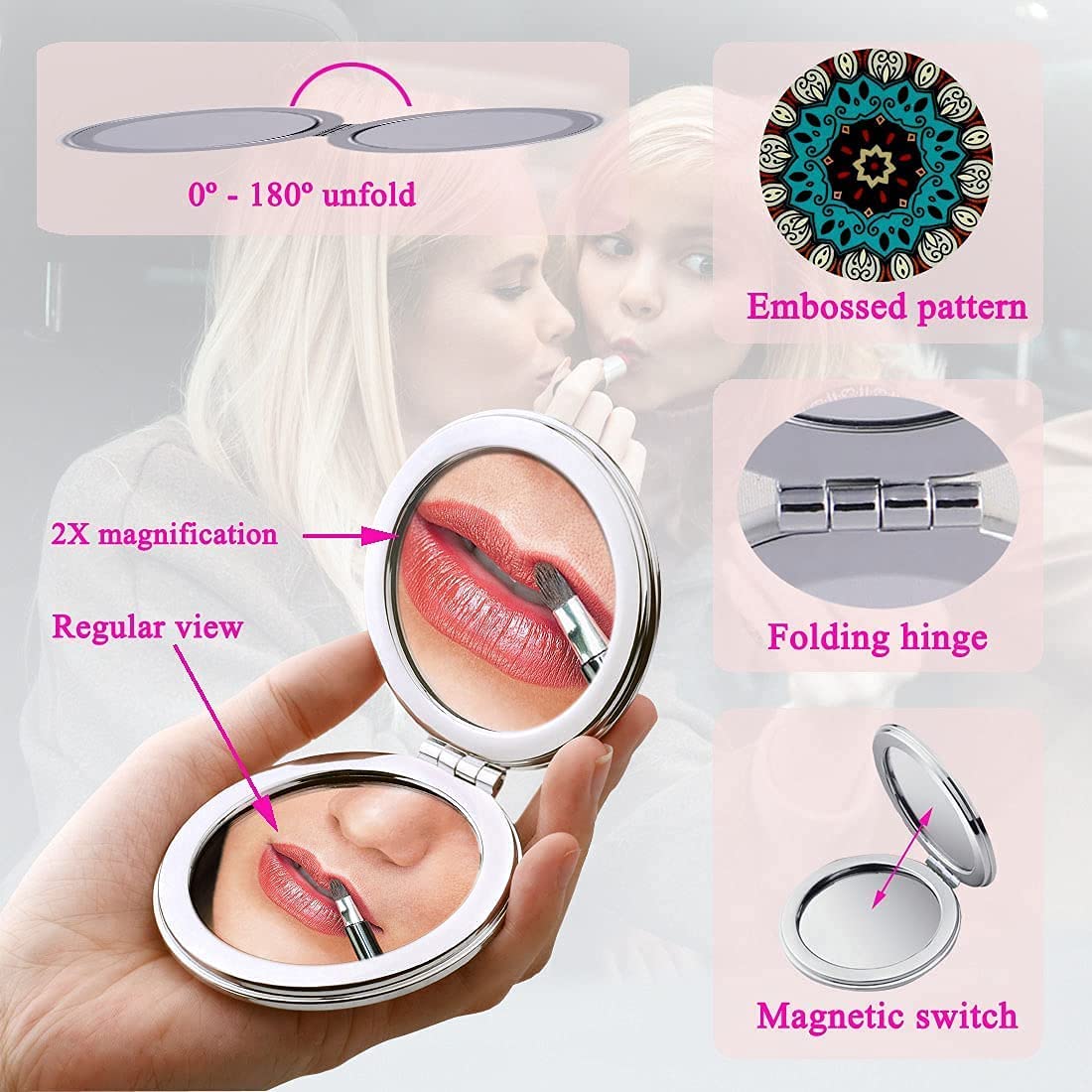 EXCADRILL Portable Folding Pu Leather Makeup Mirror with Magnification | Round Travel Vanity Mirror for Women | Perfect for Purse, Travel & Home Makeup Application
