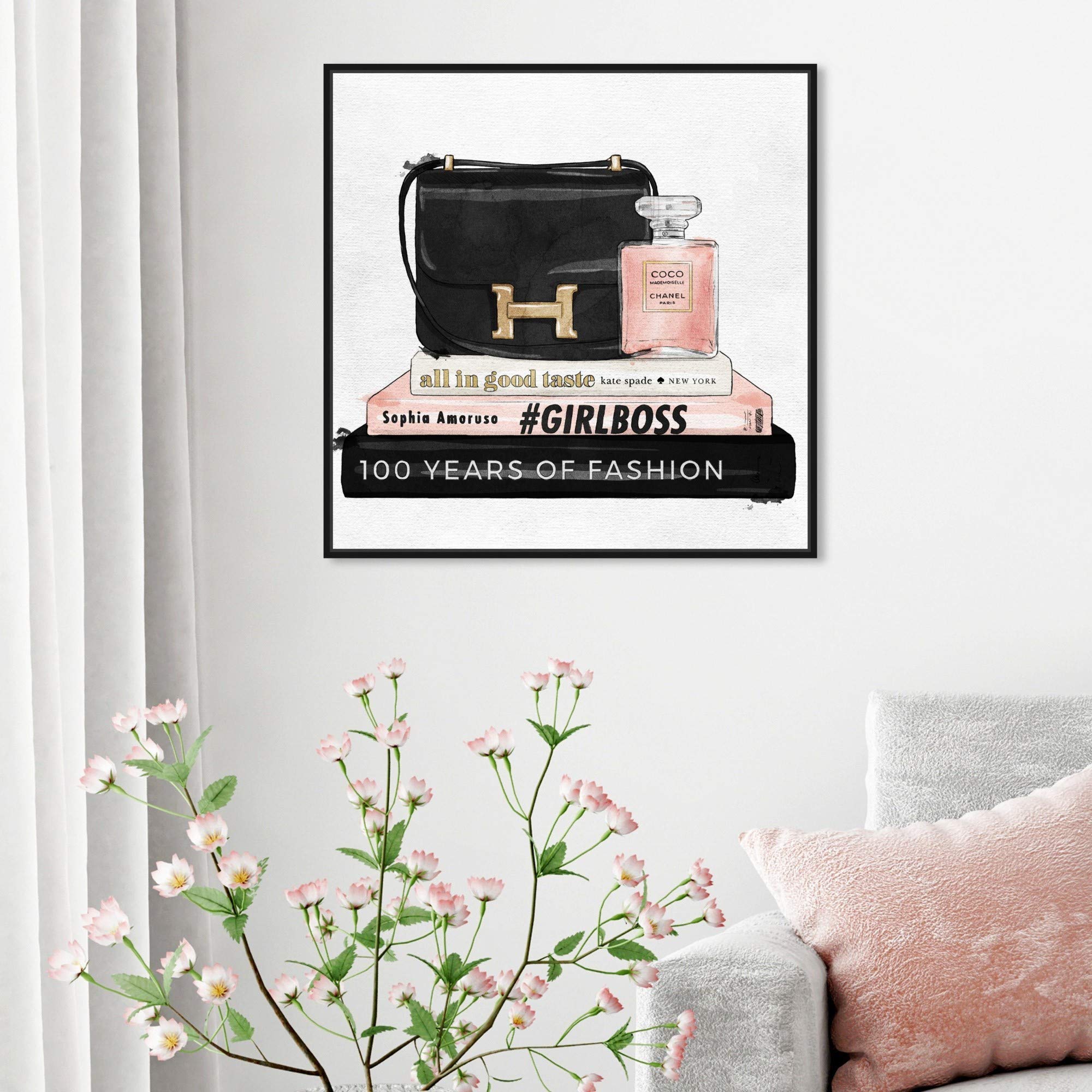 Oliver Gal Artist Co. 'My Always Essentials' Fashion Glam Wall Art - 24x24 Inch Framed Canvas Print in Black & Pink - Perfect for Handbag Lover Home Décor & Bedroom/Office Wall Decor
