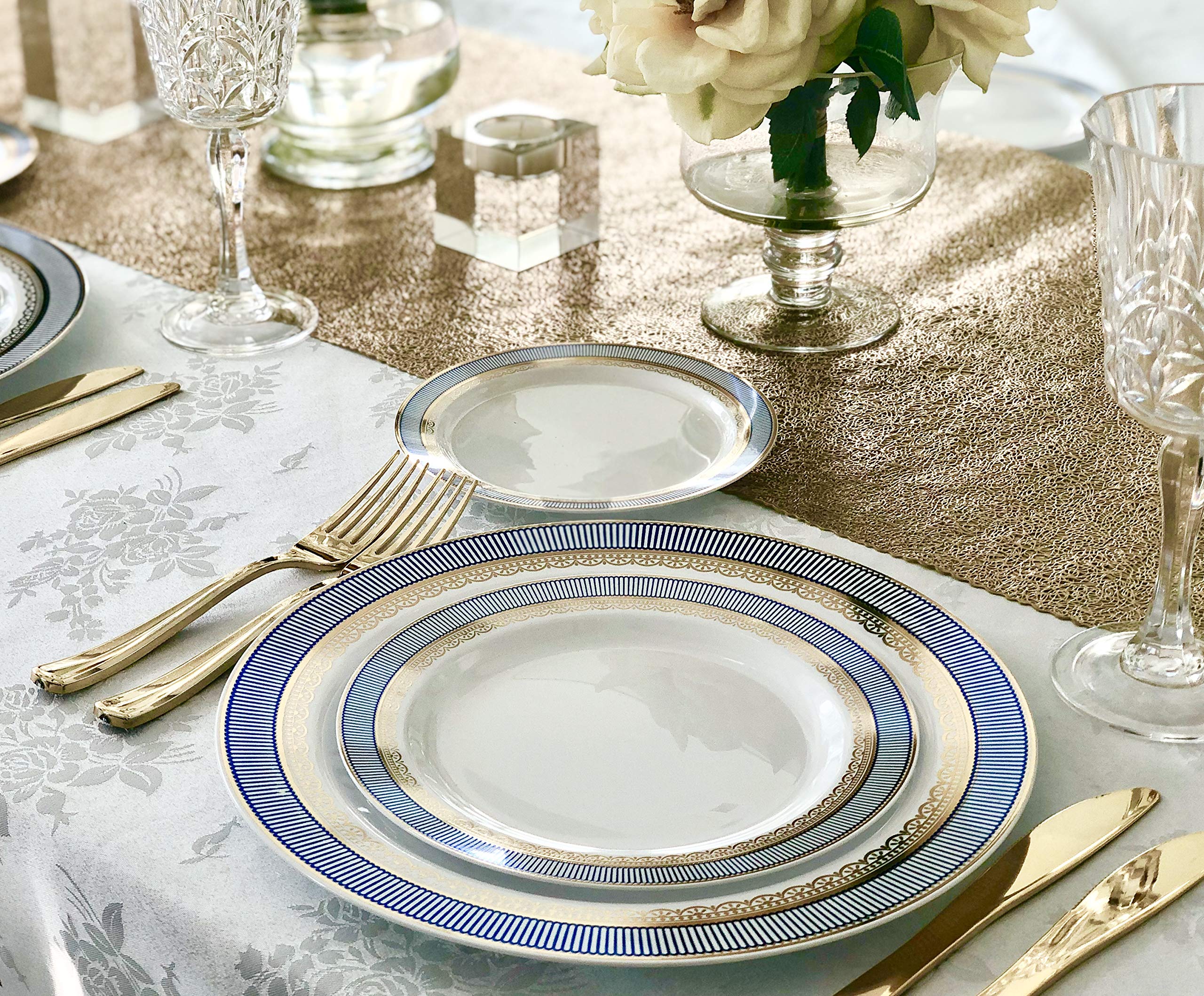 60-Pack Heavyweight Disposable Plastic Plates for Weddings & Parties - 7.5'' Appetizer/Dessert Plates in Elegant Louvre White/Blue & Gold Design | Perfect for Catering, Birthday Celebrations & Formal Events