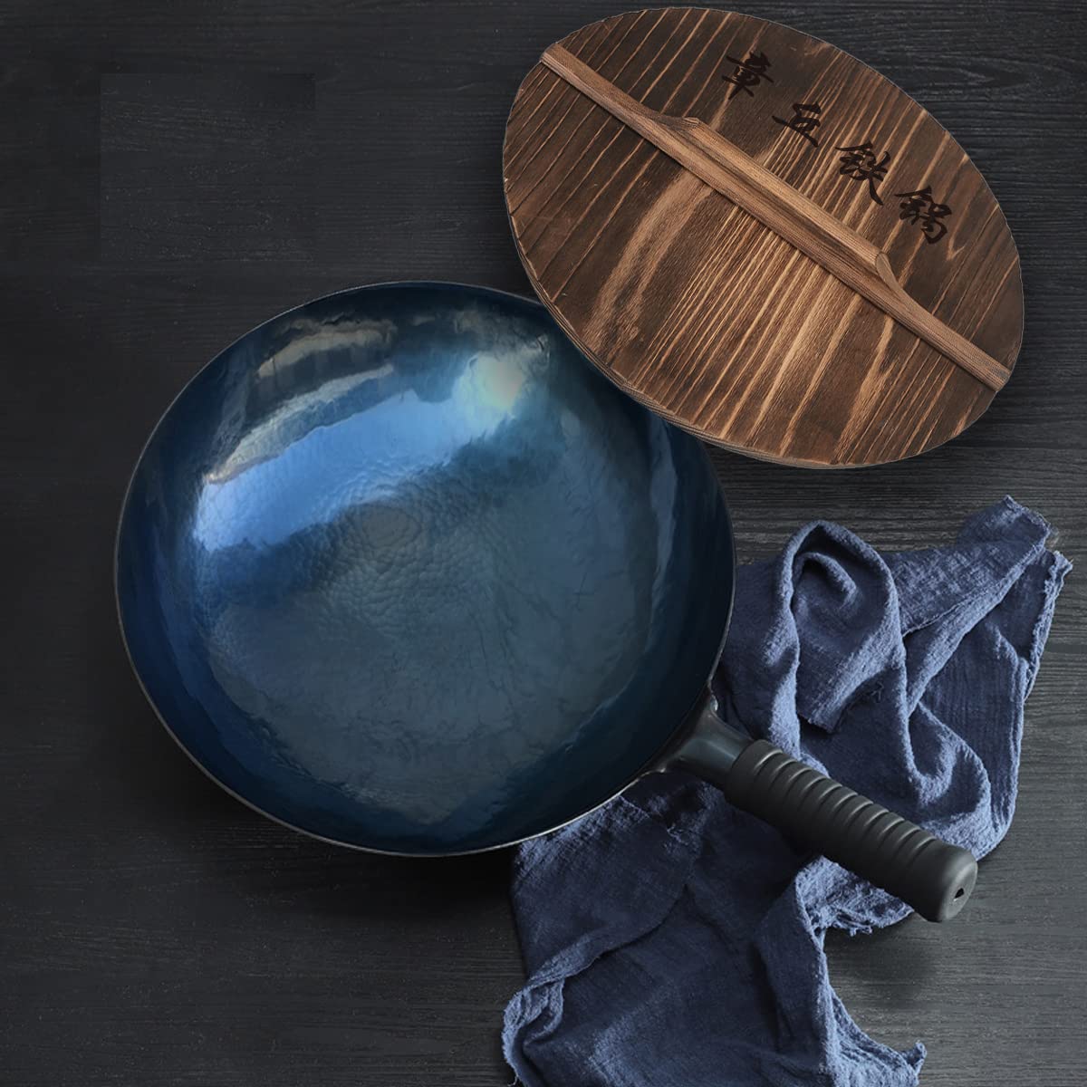 Premium Chinese Hand Hammered Iron Wok Set - Non-Stick, Preseasoned Blue Round Bottom Wok Pan for Electric, Induction & Gas Stoves (Blue Black-12) - Perfect for Stir-Frying, Deep Frying & Asian Cooking