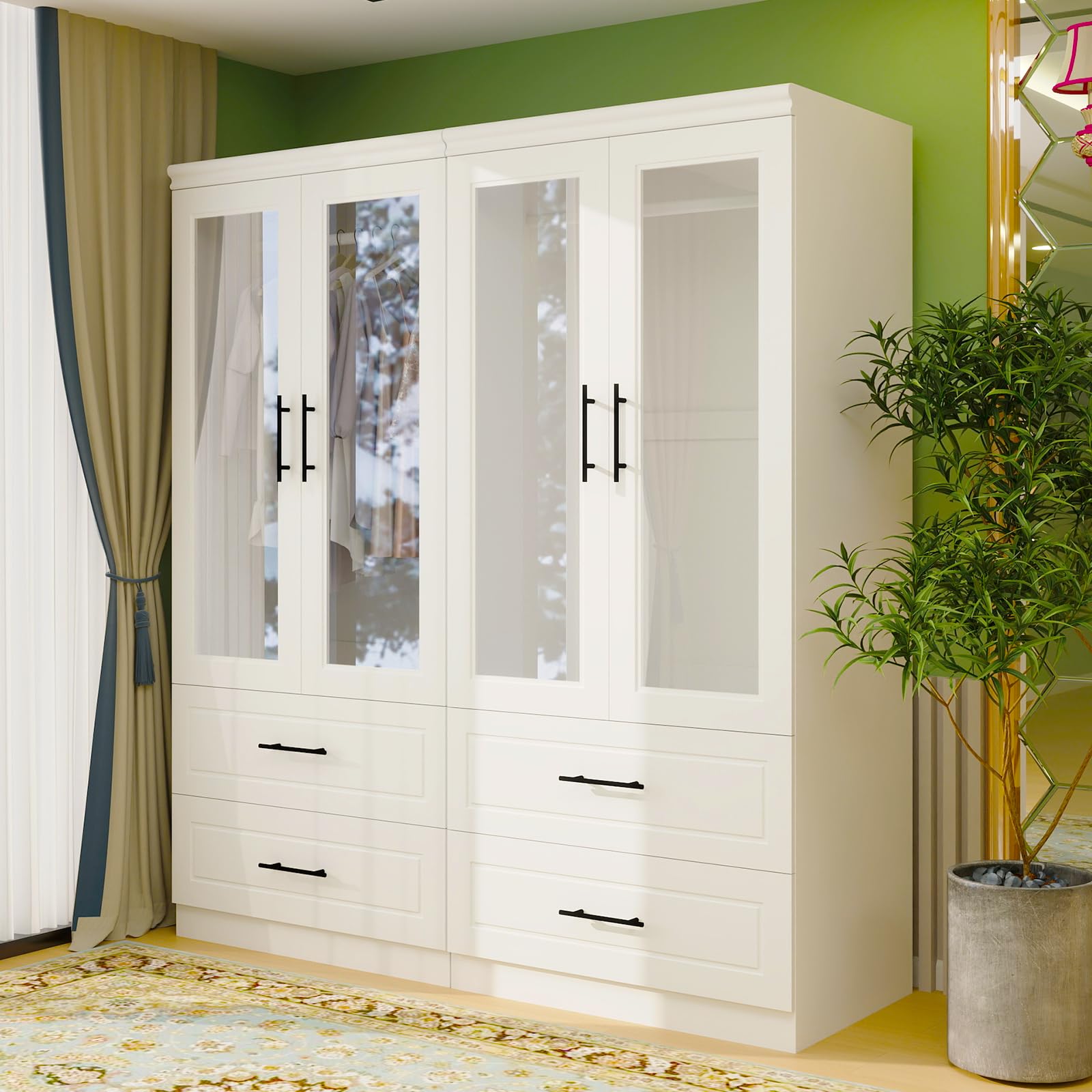 Modern White 4-Door Wooden Armoire Wardrobe Closet with Glass Doors & Hanging Rod - Spacious Bedroom Storage Cabinet for Clothes, Shoes & Accessories - Perfect for Master Bedrooms, Guest Rooms & Dorm Organization