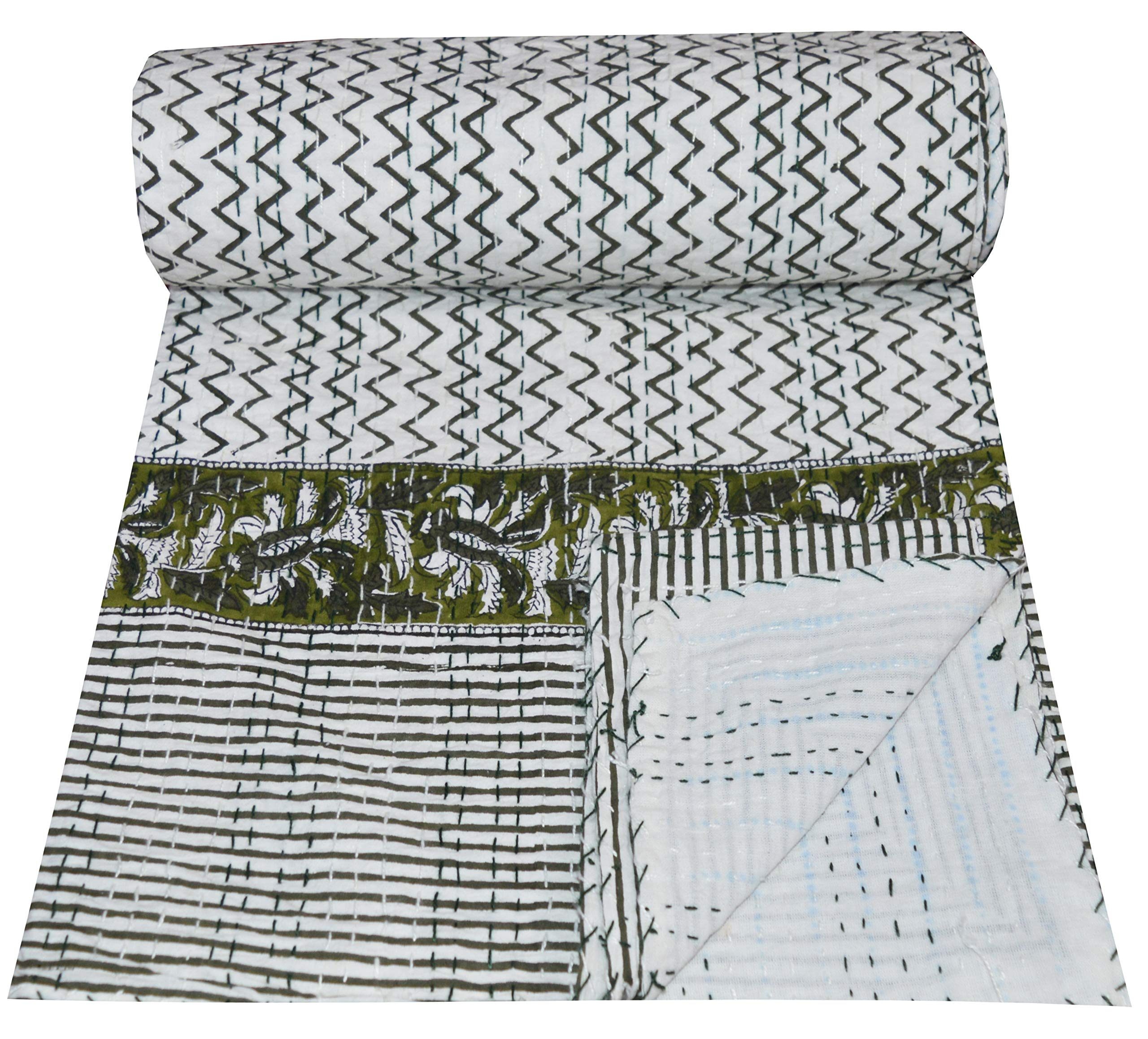 SHIRANYA Handmade Cotton Kantha Quilt - Reversible Indian Bedspread with Traditional Green Hand Block Print - Twin Size Throw Blanket (90x60 Inches/220x152Cm) for Bedroom Decor, Sofa Cover & Cozy Comfort