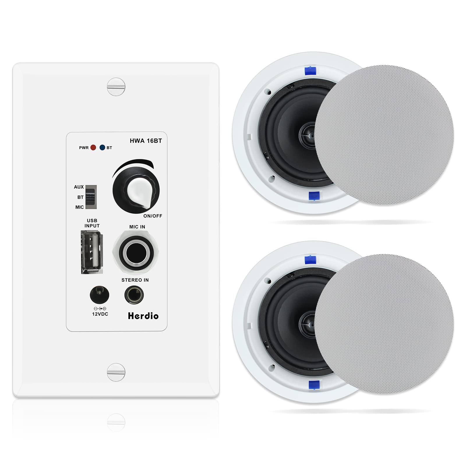 Herdio 6.5 Inch 320W Bluetooth Ceiling Speakers - 2-Way Flush Mount In-Wall Stereo System with Amplifier for Home Theater, Bathroom, Living Room, Kitchen & Office (White, Pair) - Perfect for Whole-House Audio & Background Music